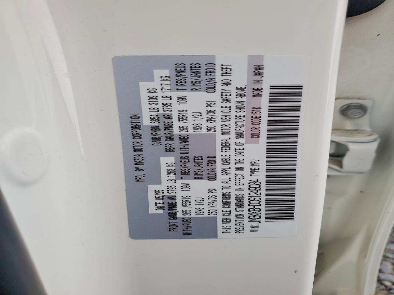2025 Mazda Cx-90 Preferred White vin: JM3KKBHD0S1249084
