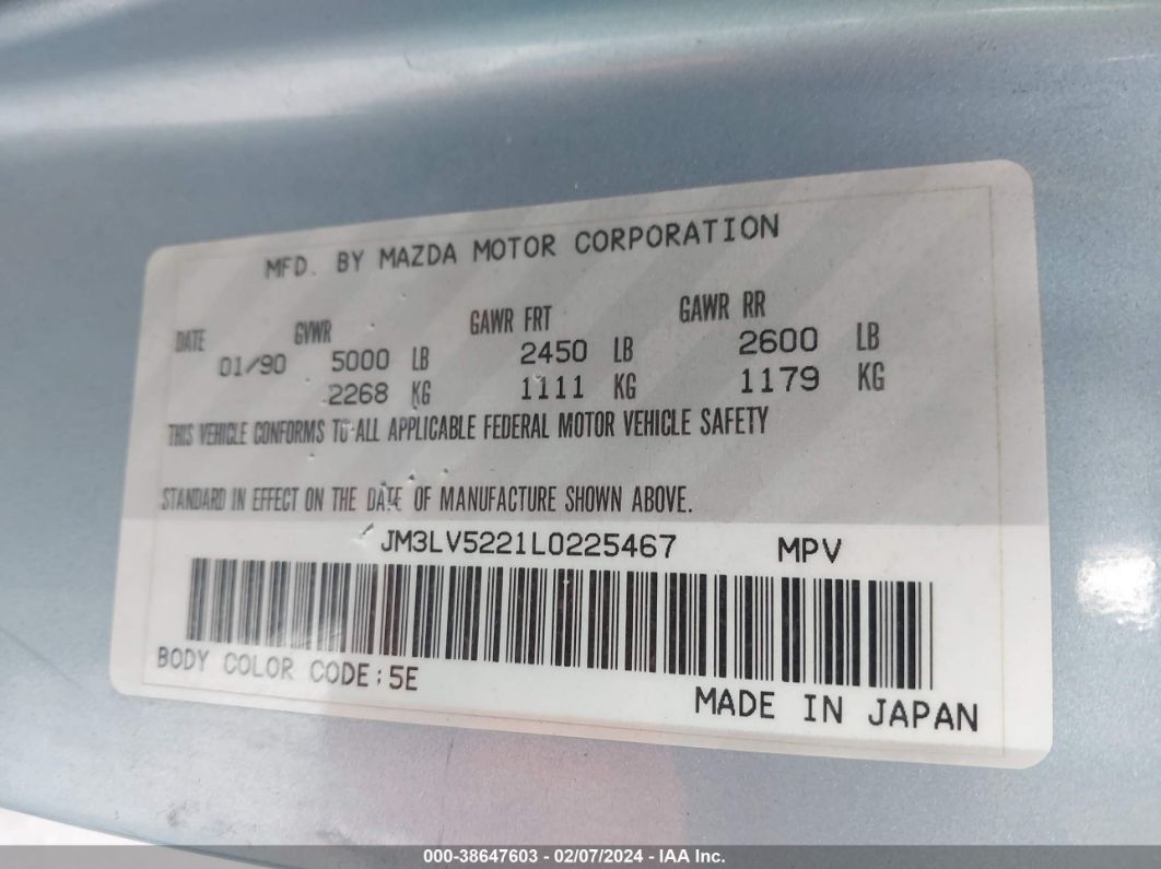 Price & History 1990 Mazda Mpv Wagon 3.0l V6 Fi F3 vin