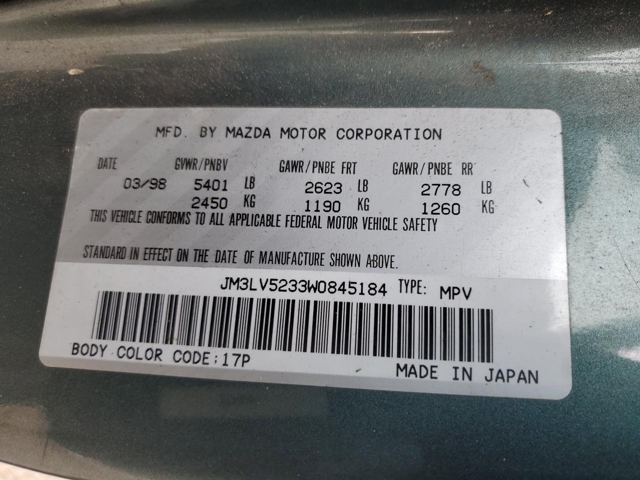 1998 Mazda Mpv Wagon Green vin: JM3LV5233W0845184