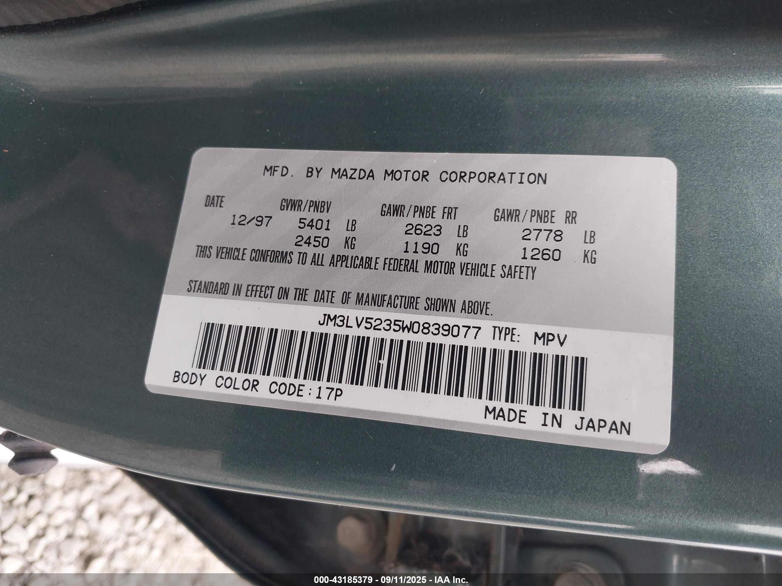 1998 Mazda Mpv Es/lx Green vin: JM3LV5235W0839077