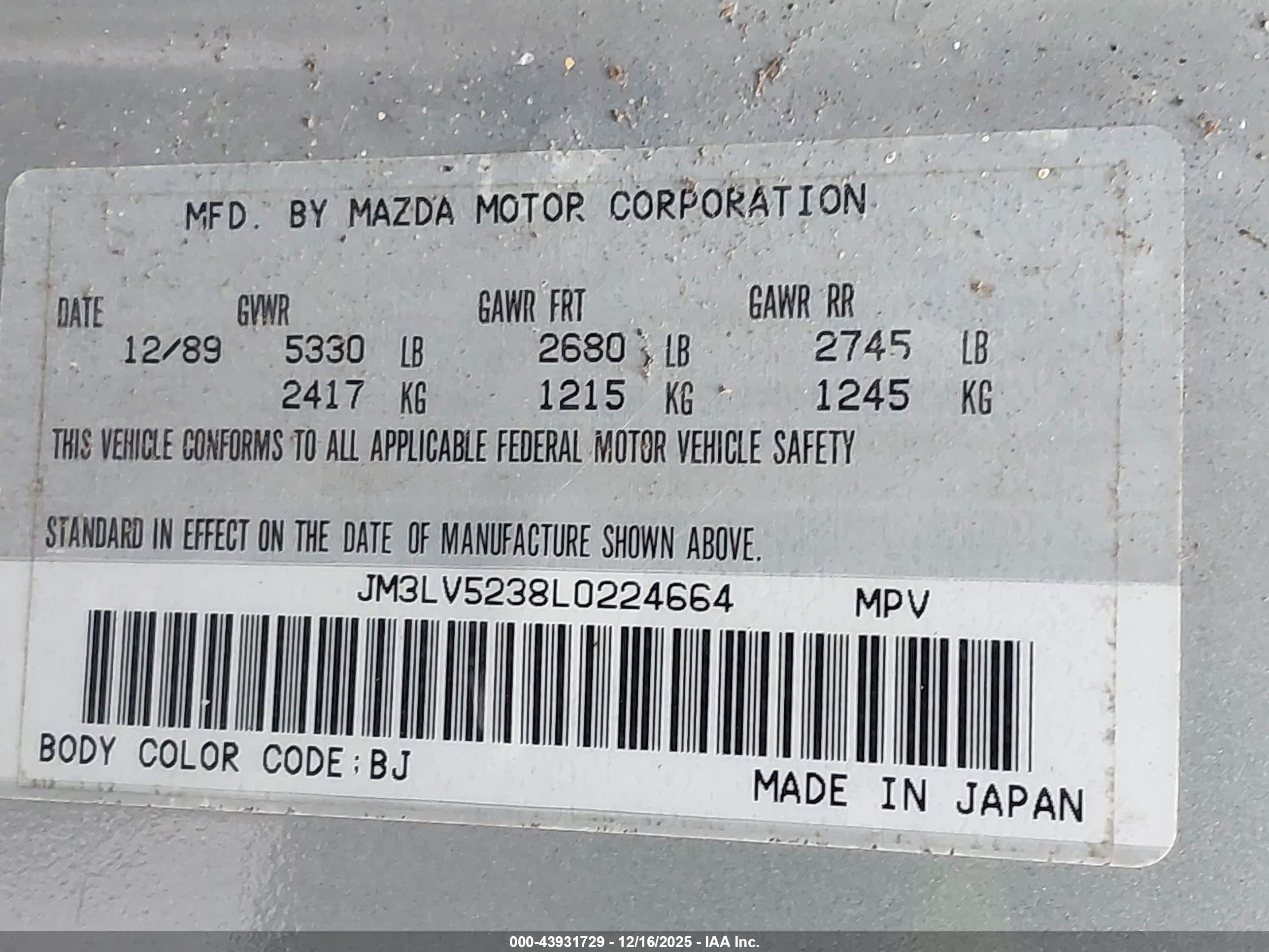 1990 Mazda Mpv Wagon Silver vin: JM3LV5238L0224664