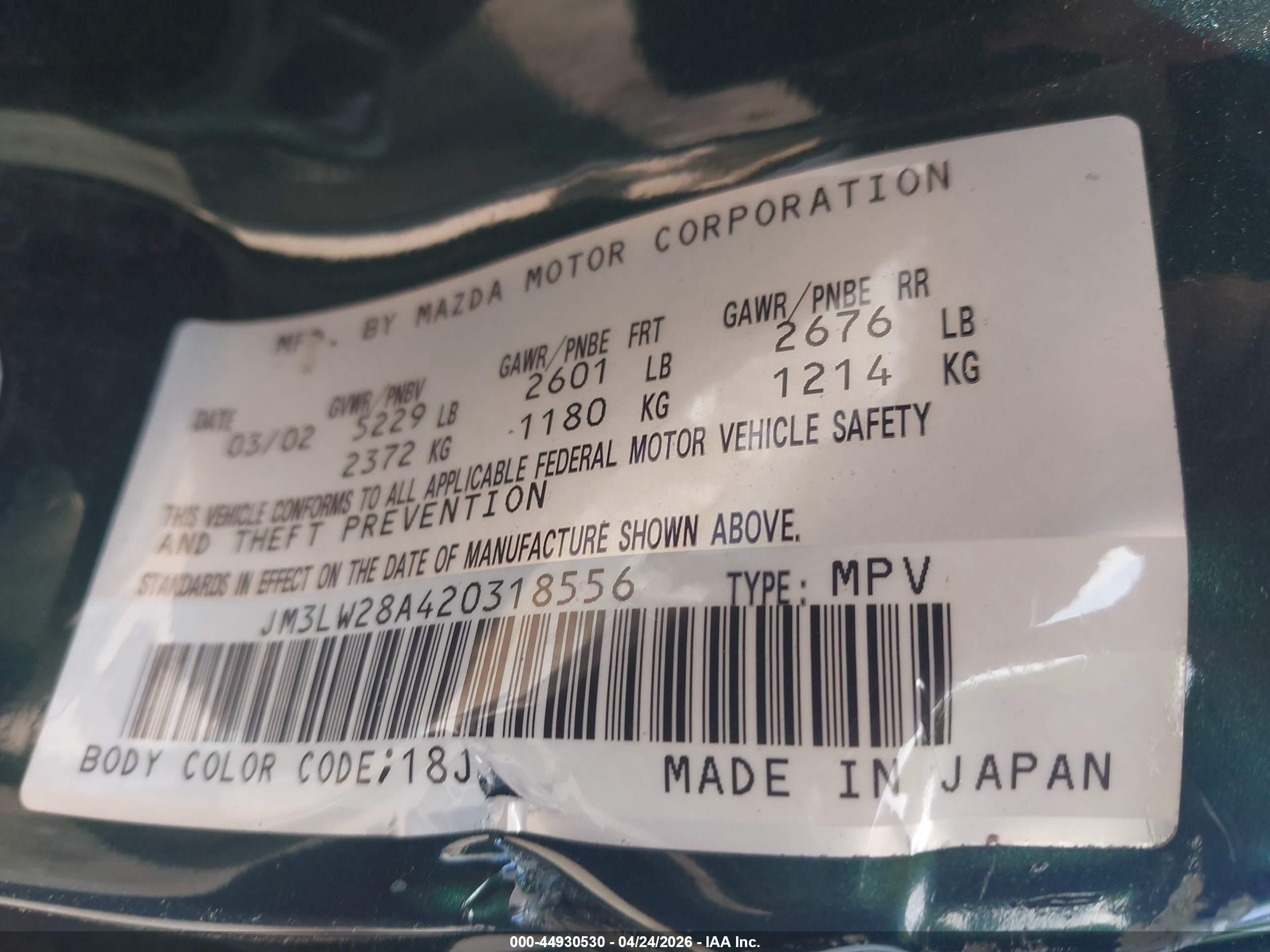 2002 Mazda Mpv Es/lx Green vin: JM3LW28A420318556