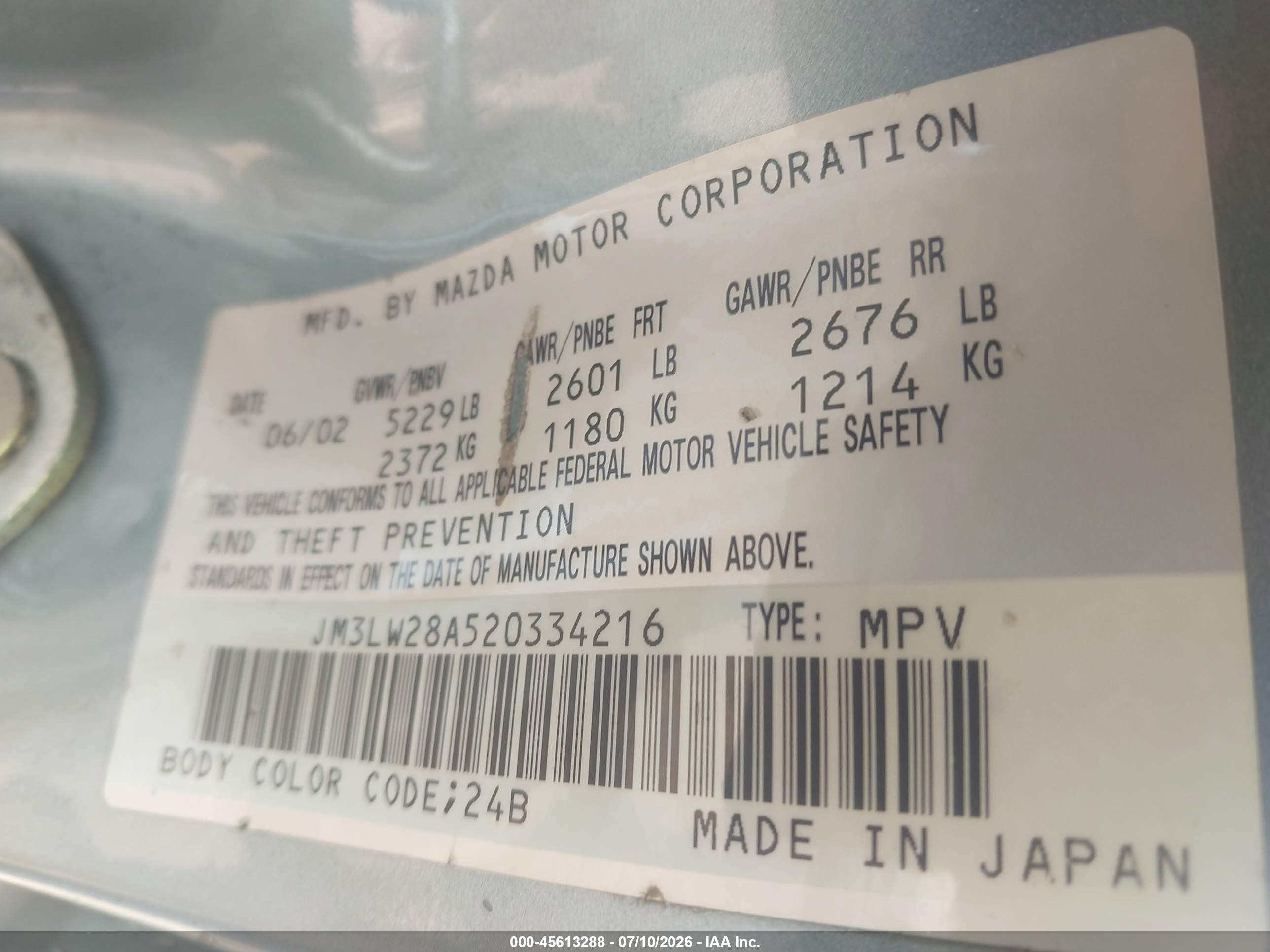 2002 Mazda Mpv Es/lx Blue vin: JM3LW28A520334216
