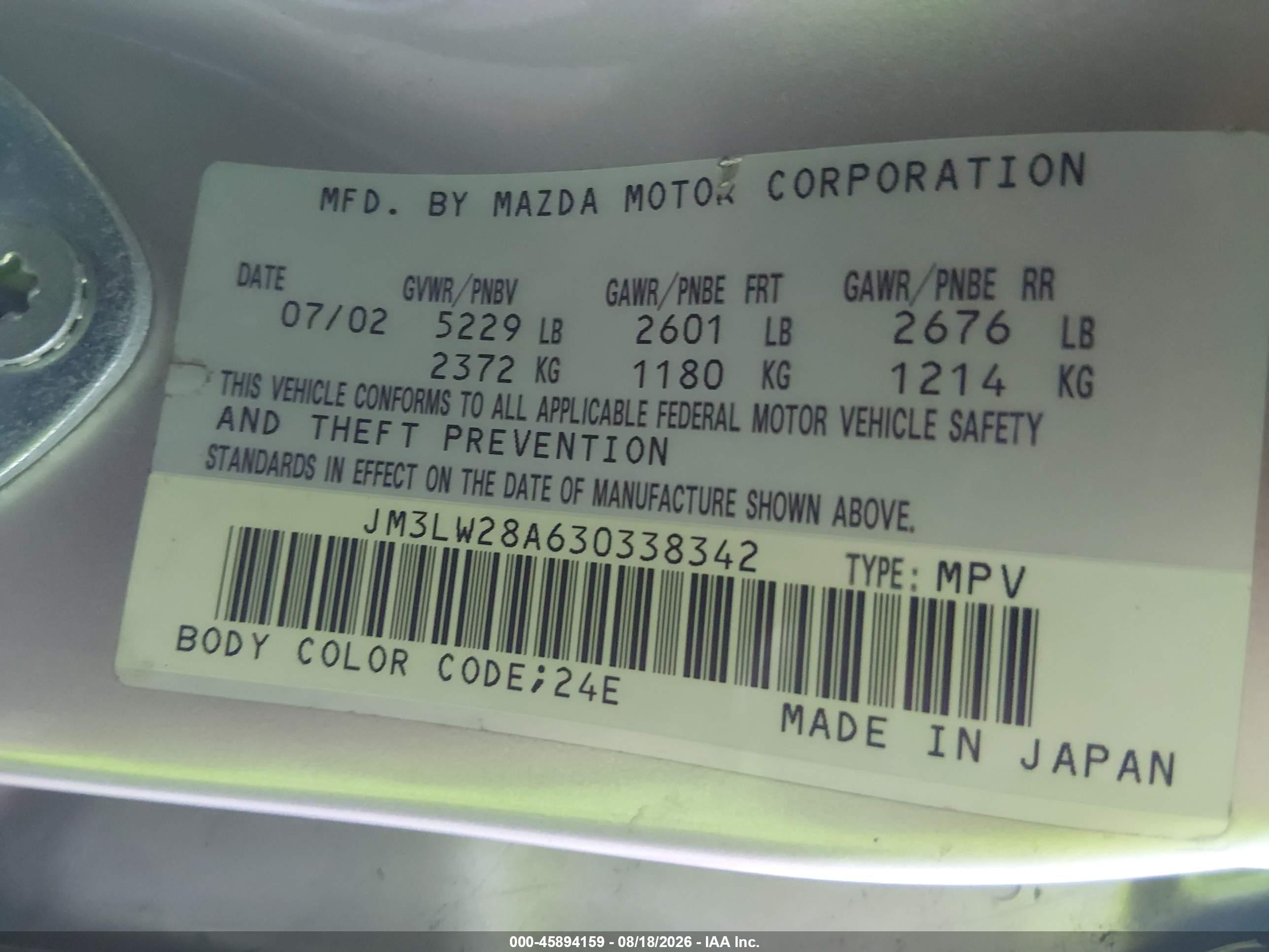 2003 Mazda Mpv Es/lx/lx-sv Tan vin: JM3LW28A630338342