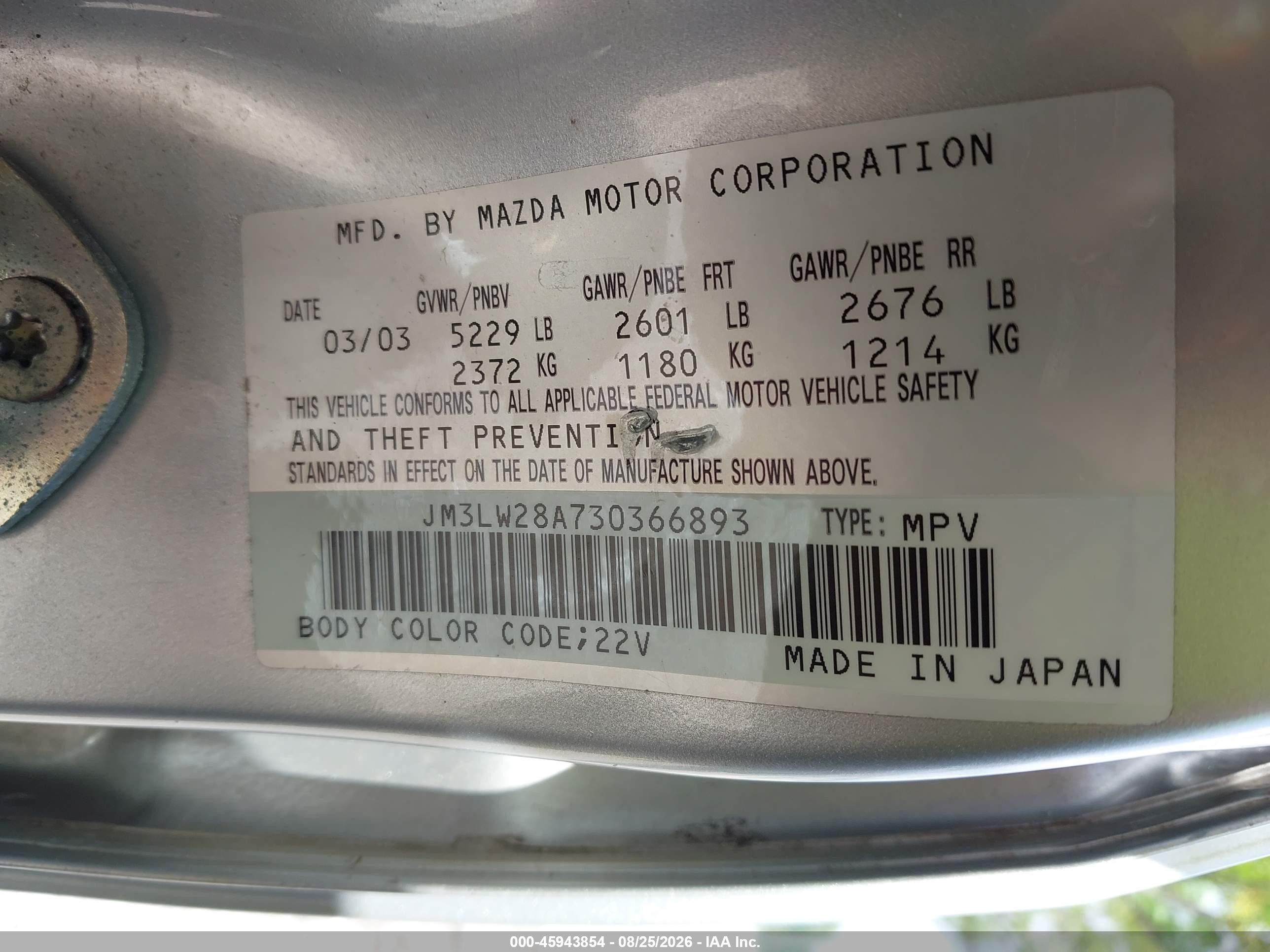 2003 Mazda Mpv Es/lx/lx-sv Silver vin: JM3LW28A730366893