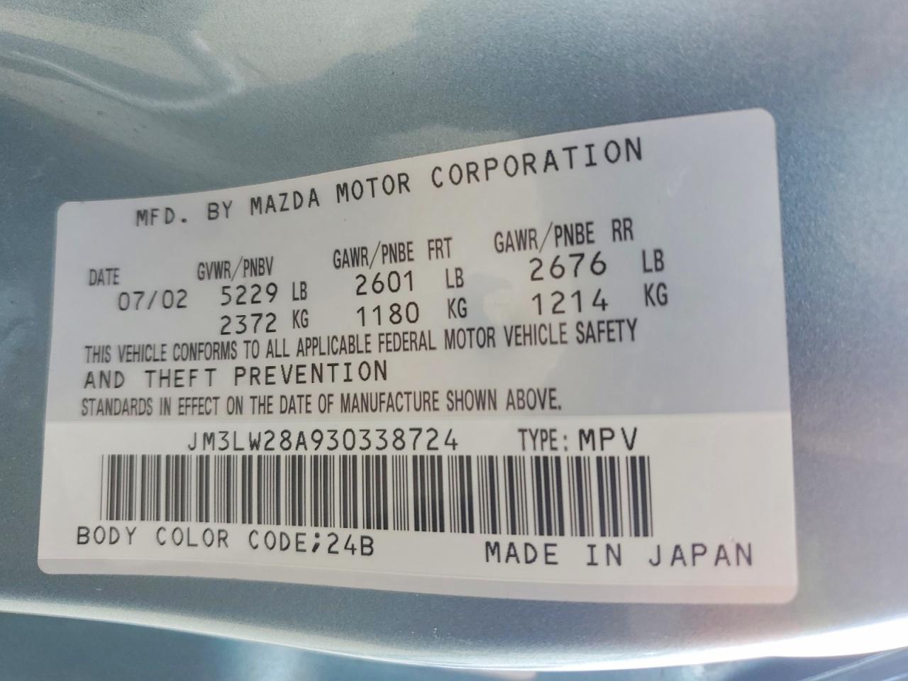 2003 Mazda Mpv Wagon Blue vin: JM3LW28A930338724