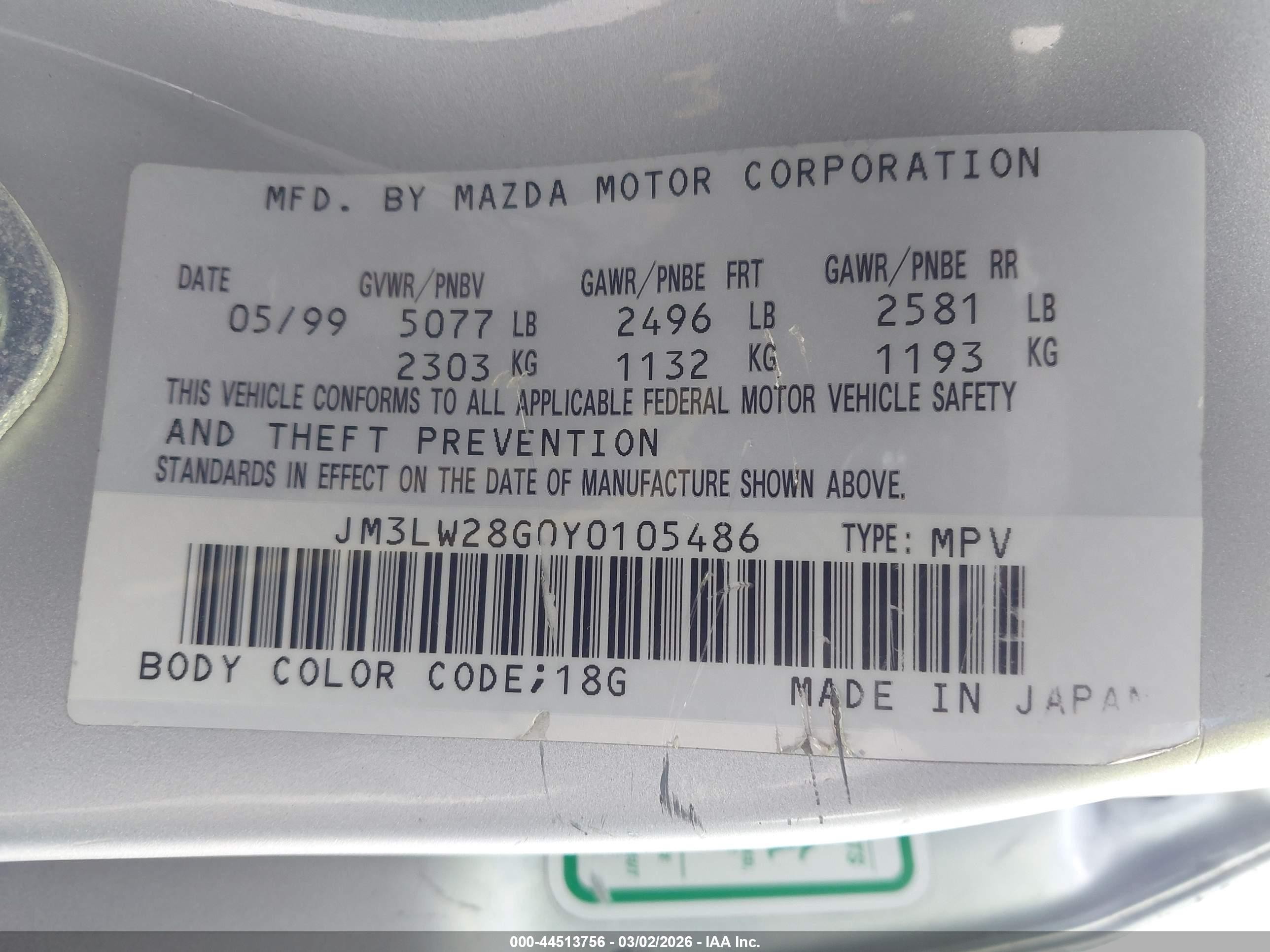 2000 Mazda Mpv   Silver vin: JM3LW28G0Y0105486