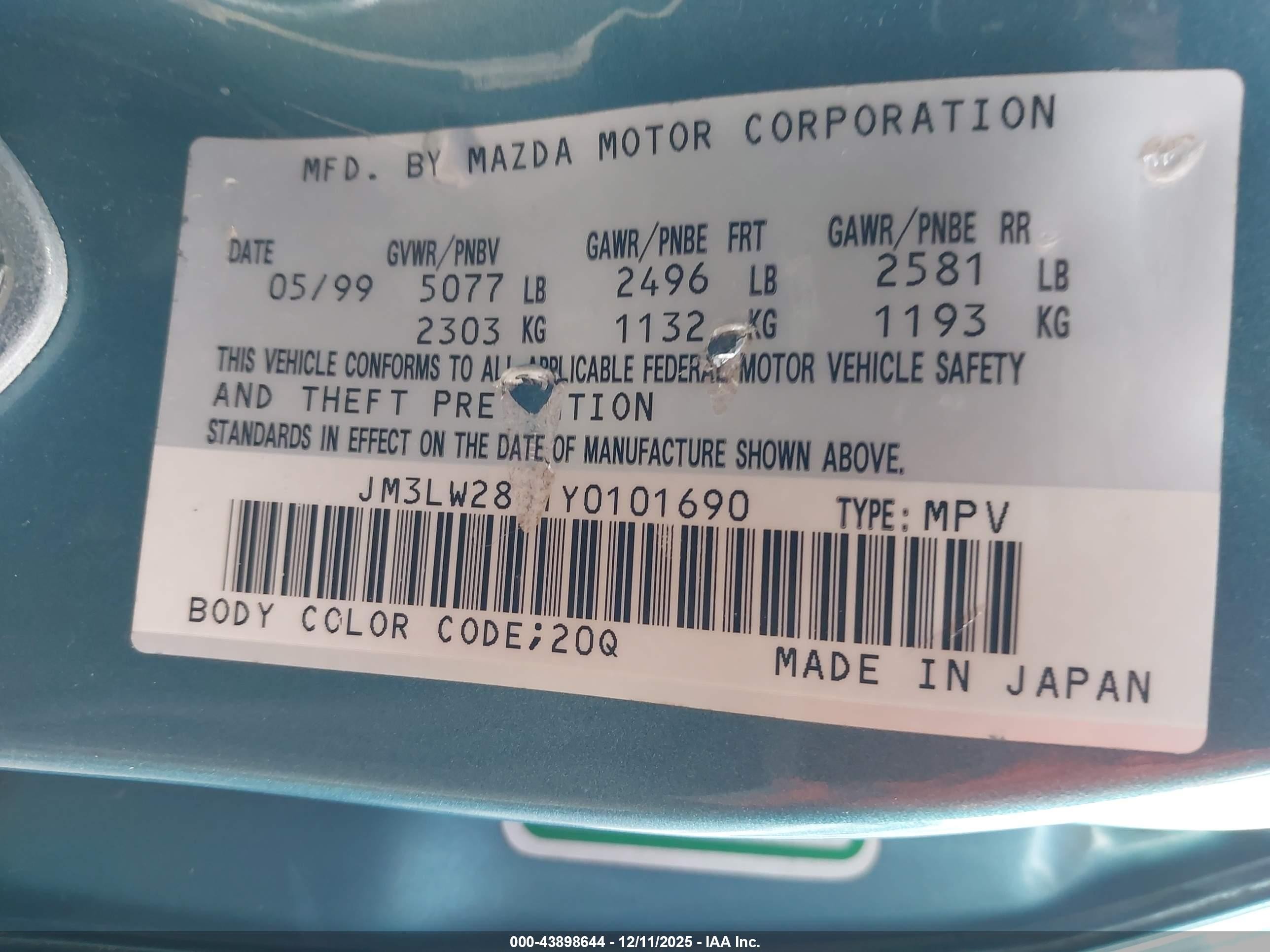 2000 Mazda Mpv Dx/es/lx Turquoise vin: JM3LW28G1Y0101690