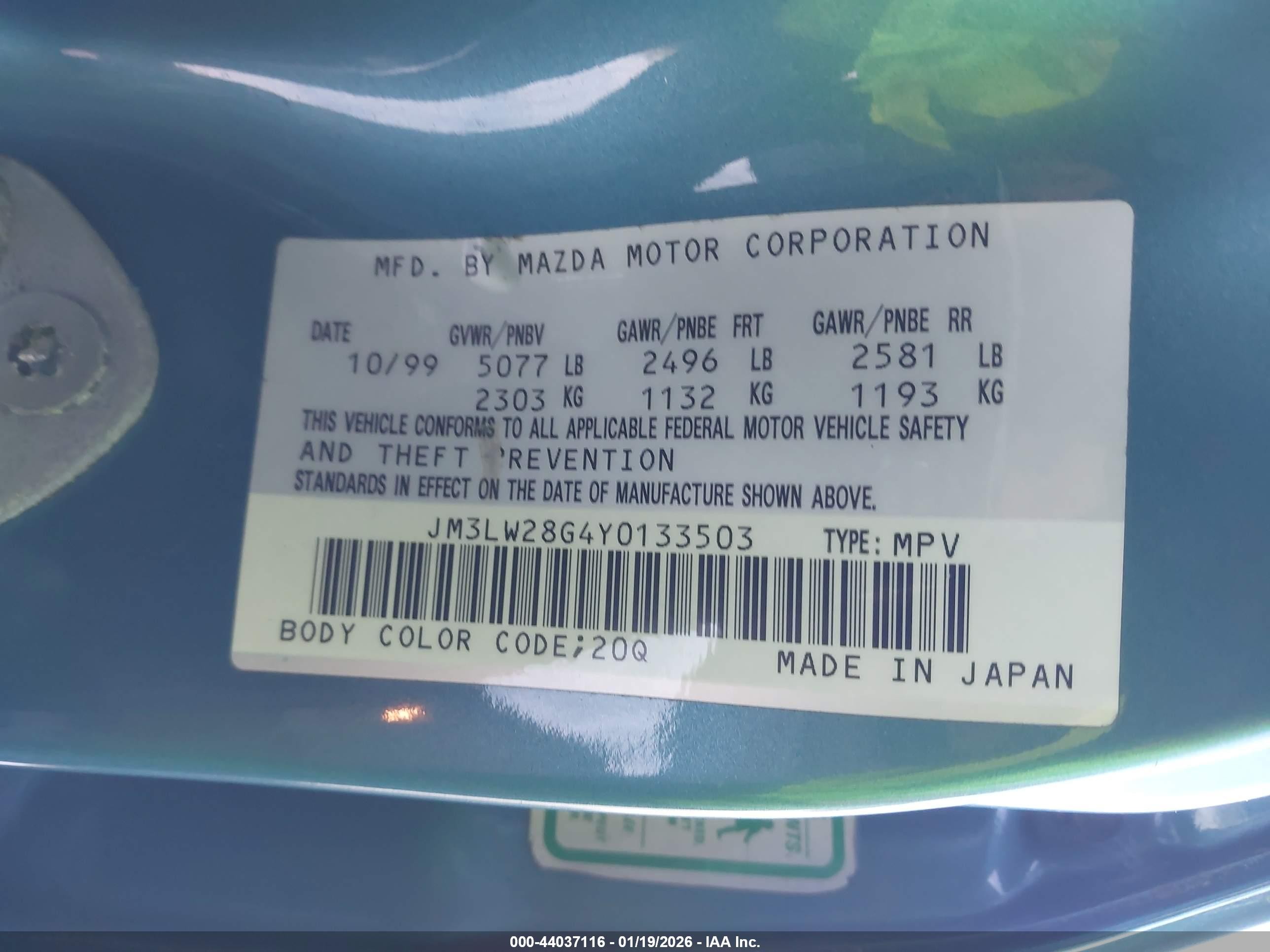 2000 Mazda Mpv Dx/es/lx Turquoise vin: JM3LW28G4Y0133503