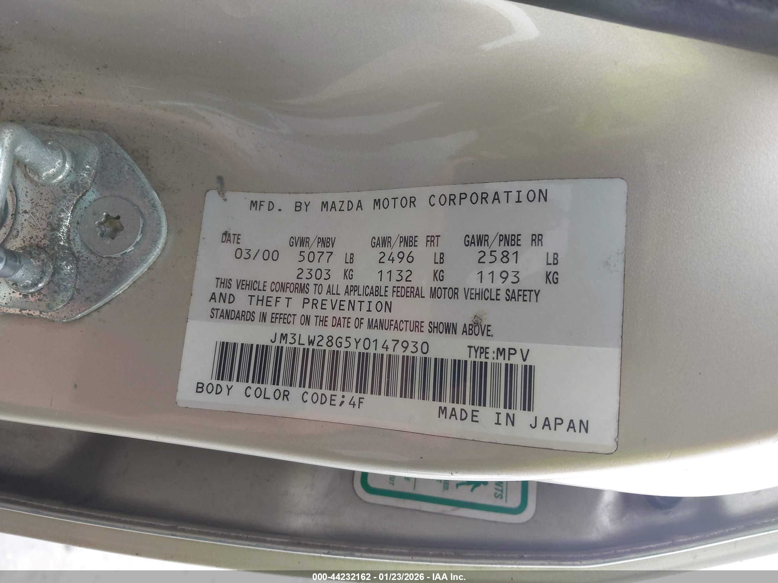 2000 Mazda Mpv Dx/es/lx Gold vin: JM3LW28G5Y0147930