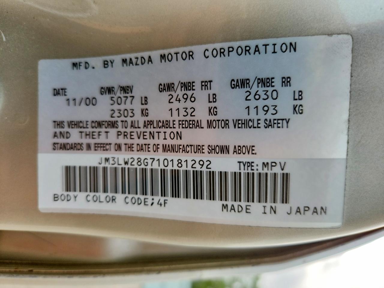 2001 Mazda Mpv Wagon Бежевый vin: JM3LW28G710181292