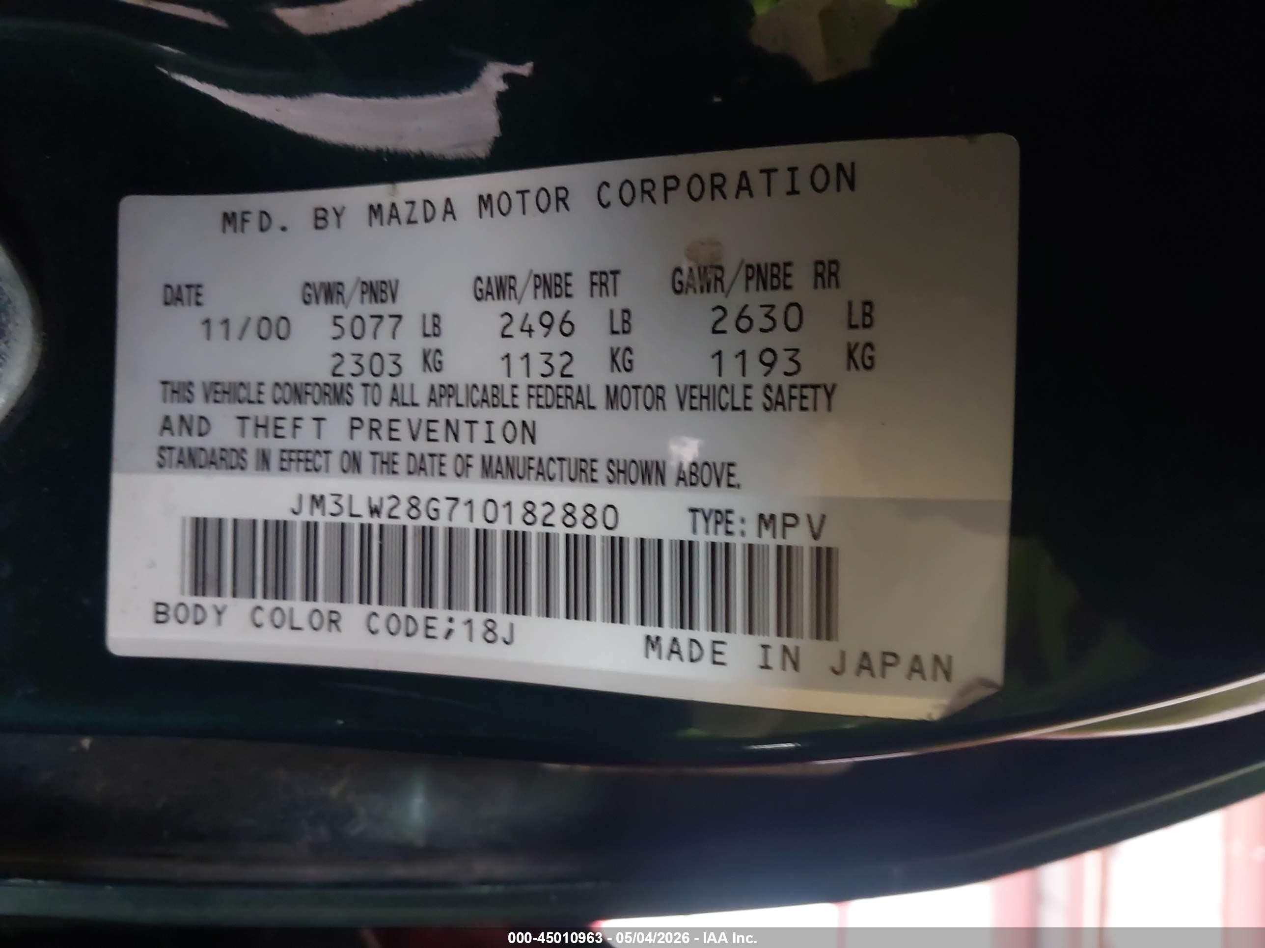 2001 Mazda Mpv Dx/es/lx Green vin: JM3LW28G710182880