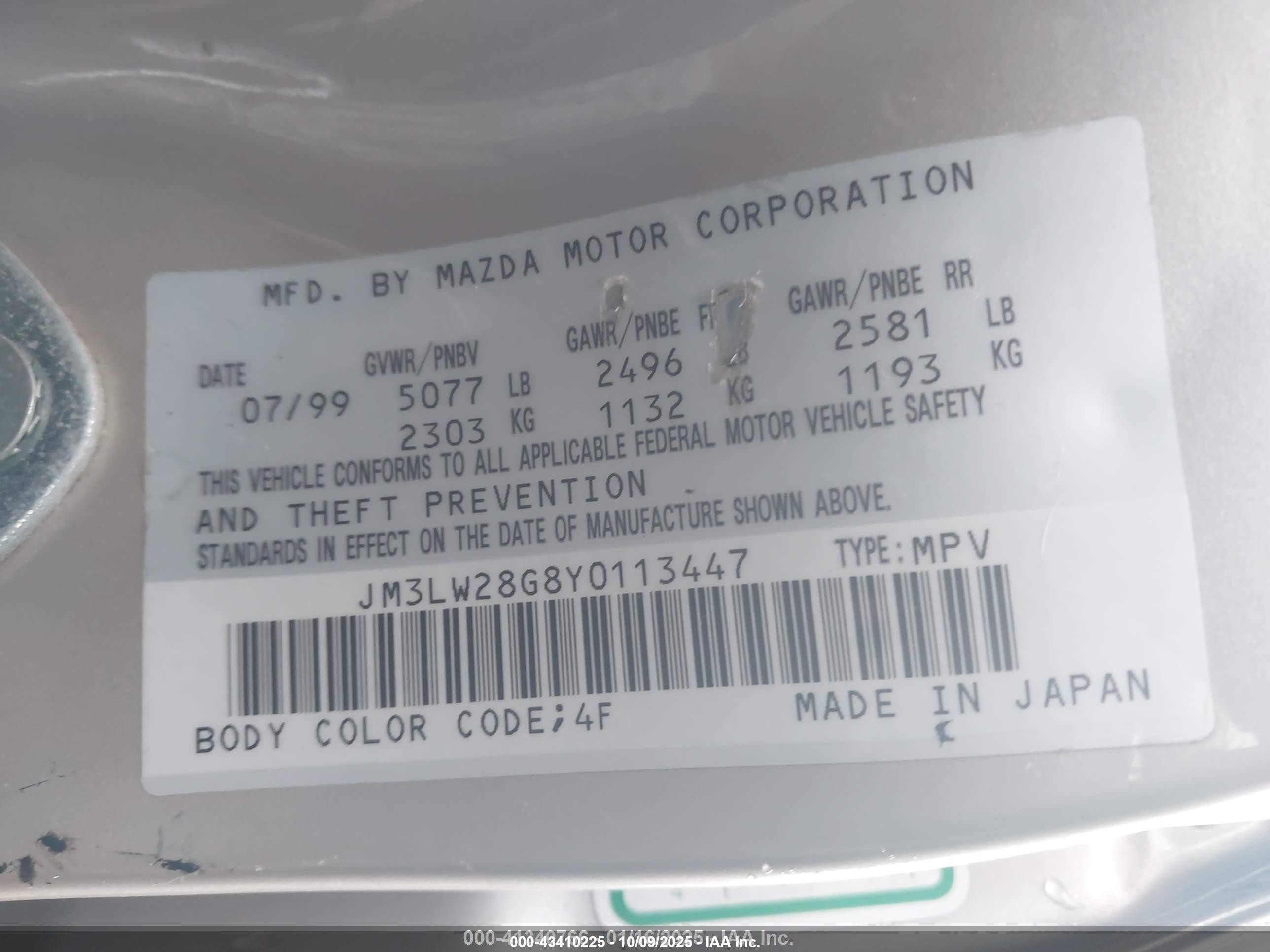 2000 Mazda Mpv Dx/es/lx Gold vin: JM3LW28G8Y0113447