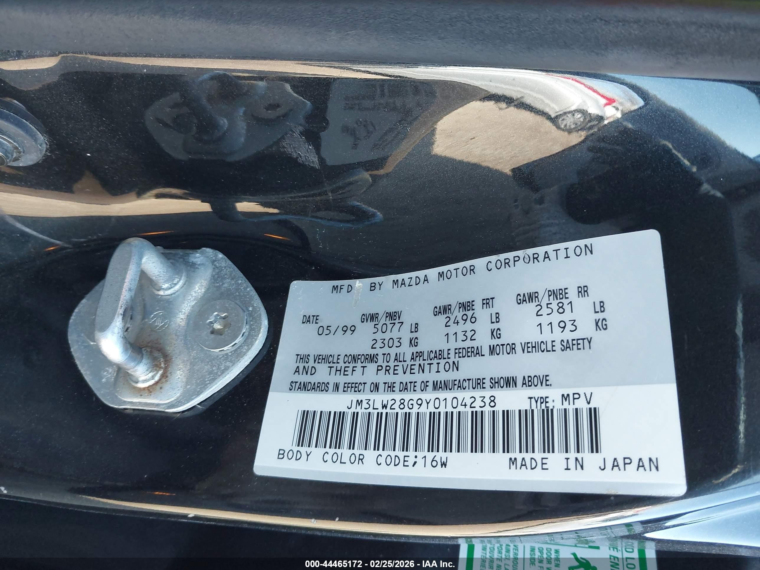 2000 Mazda Mpv Dx/es/lx Dark Blue vin: JM3LW28G9Y0104238