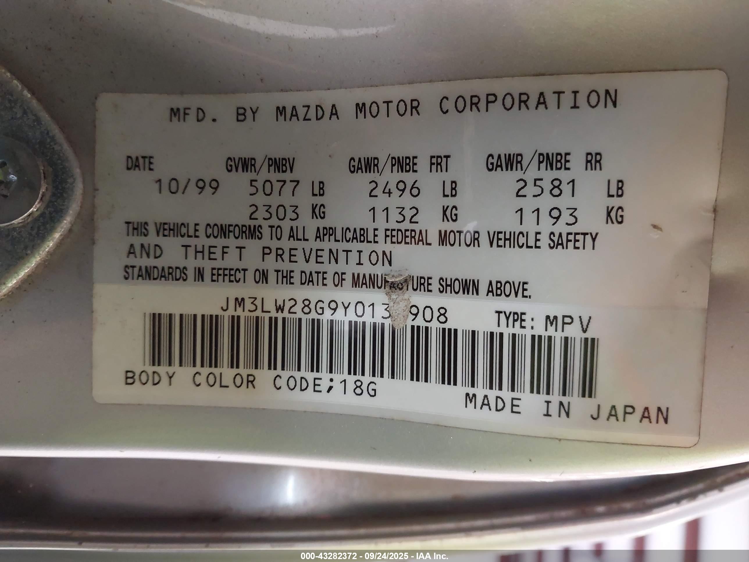 2000 Mazda Mpv Dx/es/lx Silver vin: JM3LW28G9Y0131908