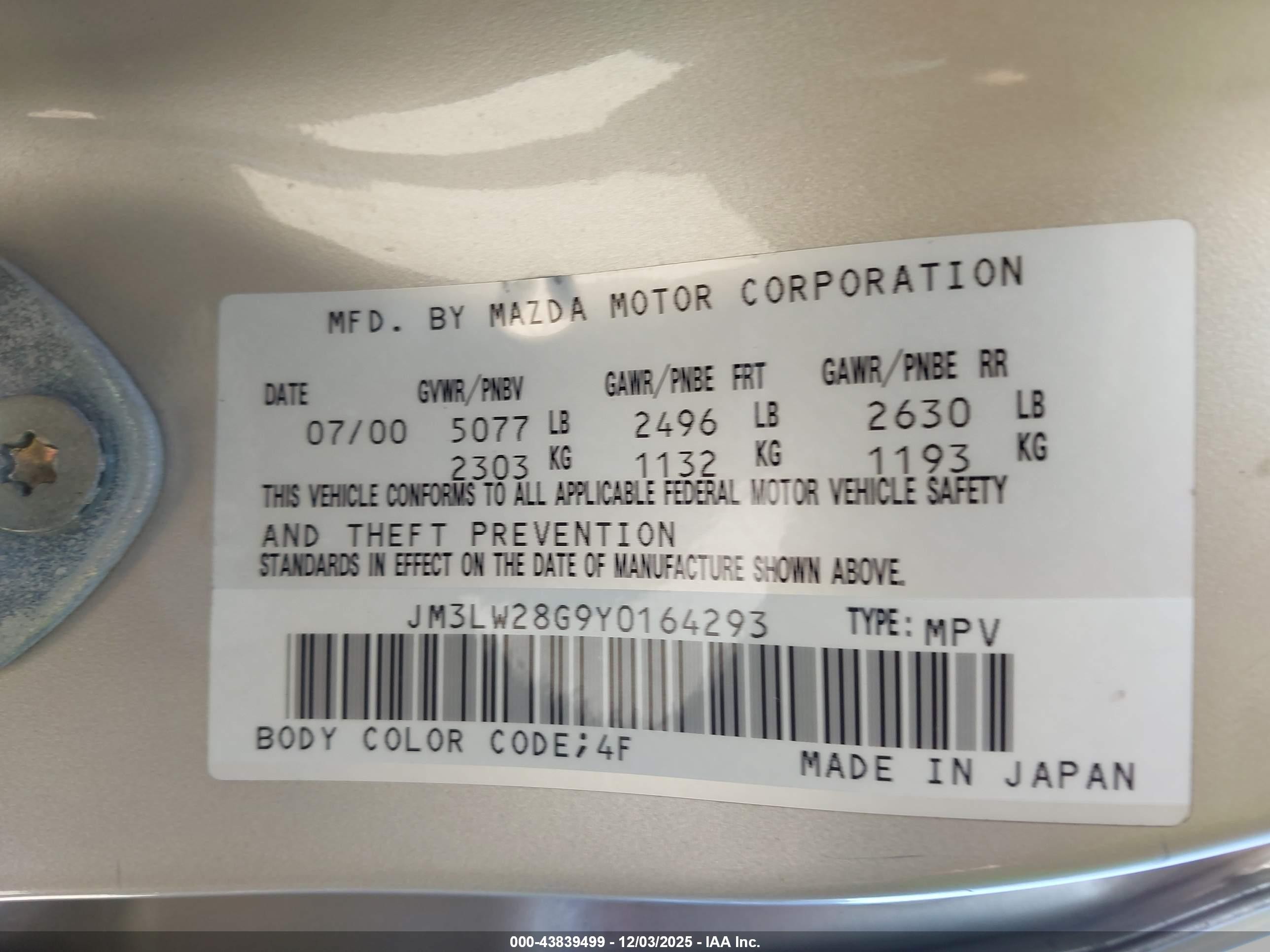 2000 Mazda Mpv Dx/es/lx Brown vin: JM3LW28G9Y0164293