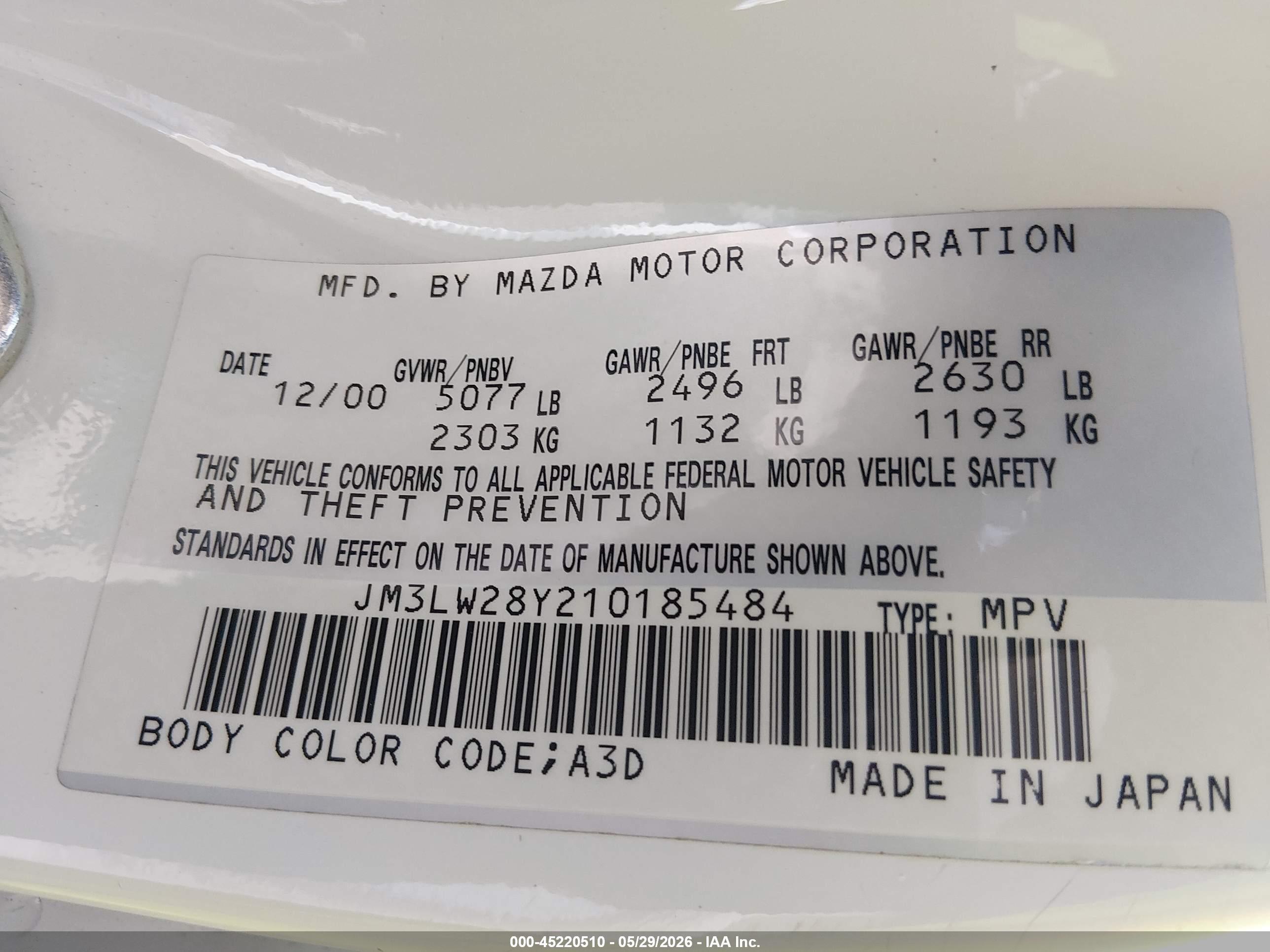 2001 Mazda Mpv Dx/es/lx White vin: JM3LW28Y210185484