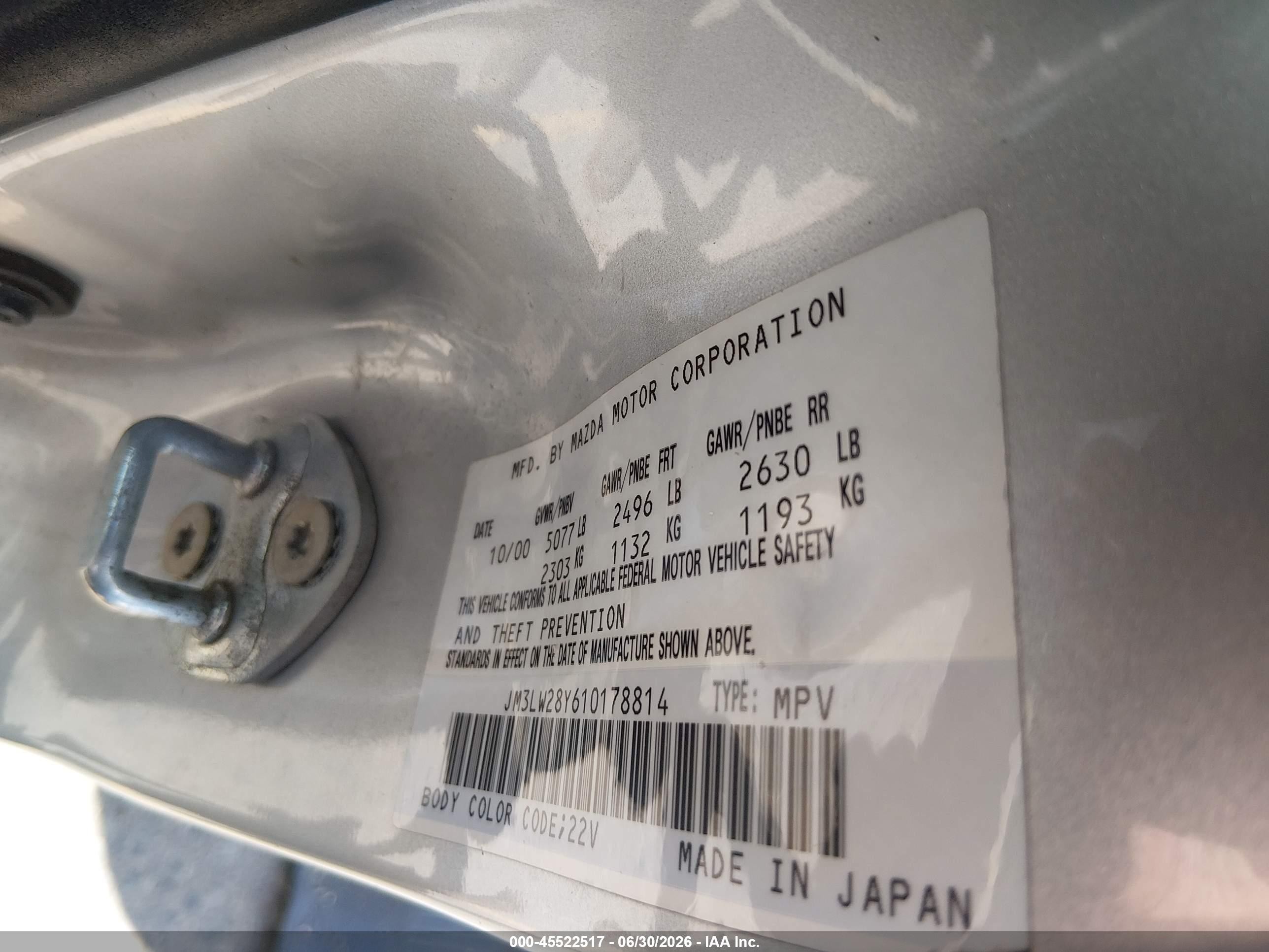 2001 Mazda Mpv Dx/es/lx Silver vin: JM3LW28Y610178814