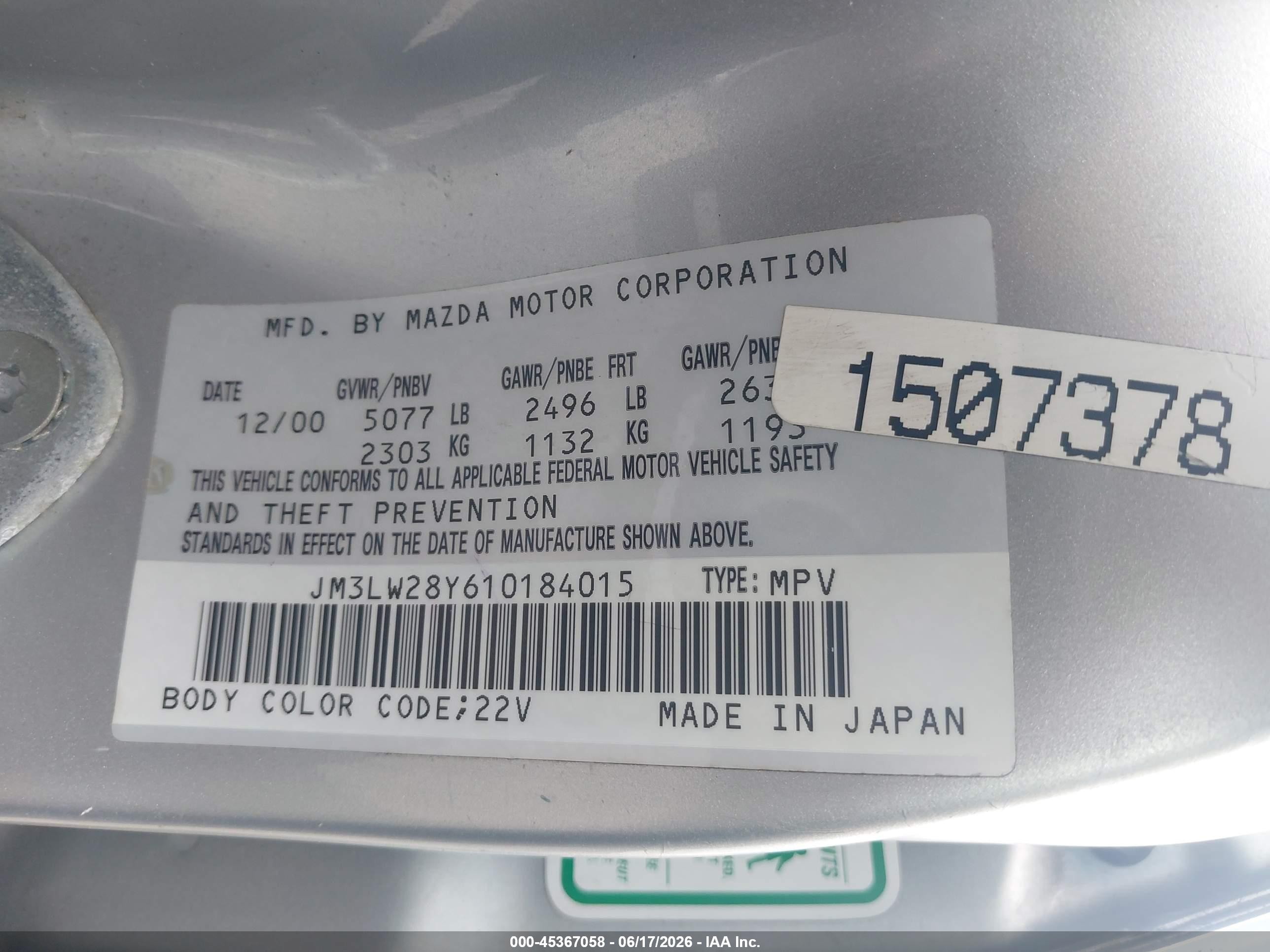 2001 Mazda Mpv Dx/es/lx Silver vin: JM3LW28Y610184015