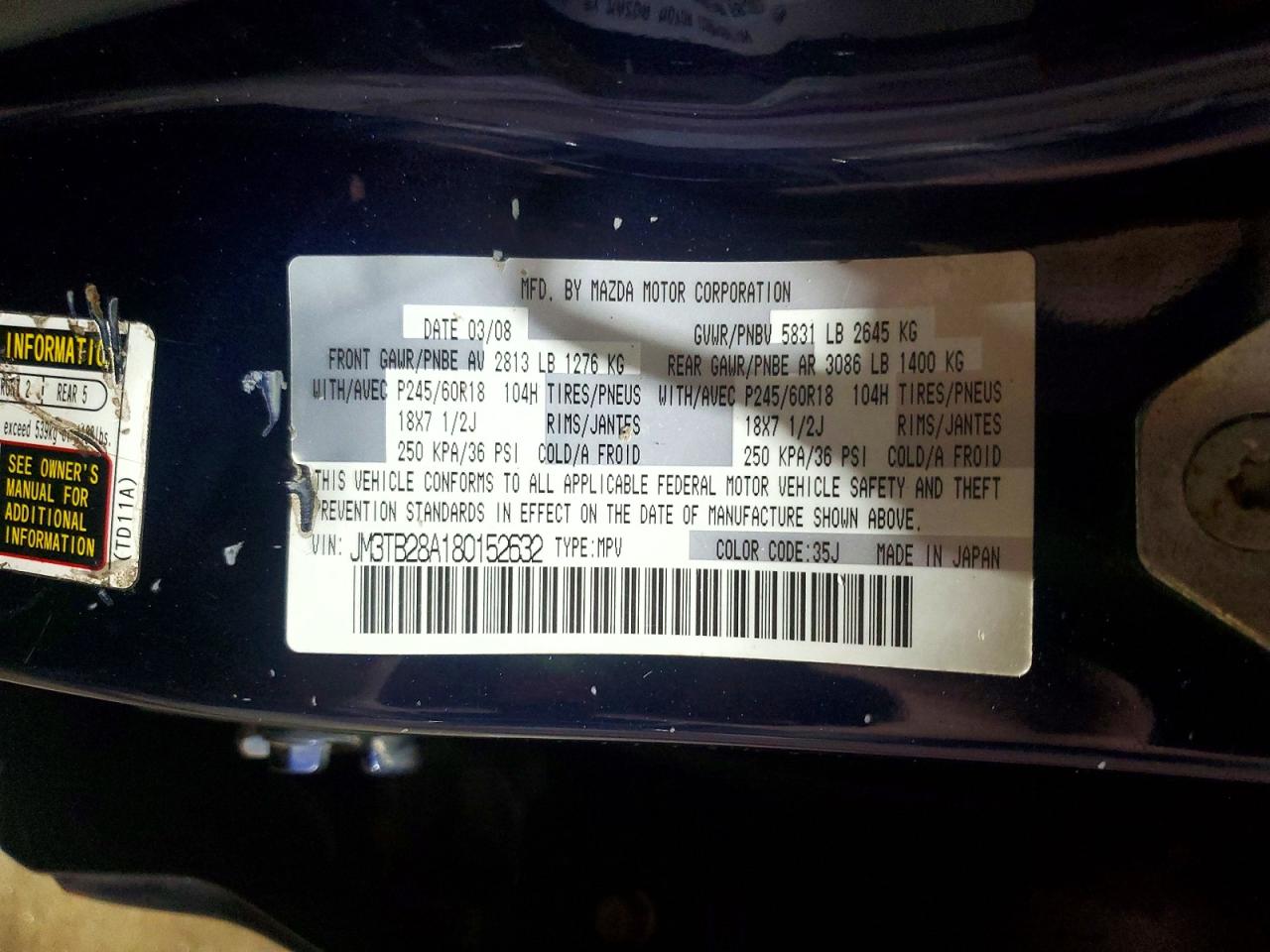 2008 Mazda Cx-9 Blue vin: JM3TB28A180152632