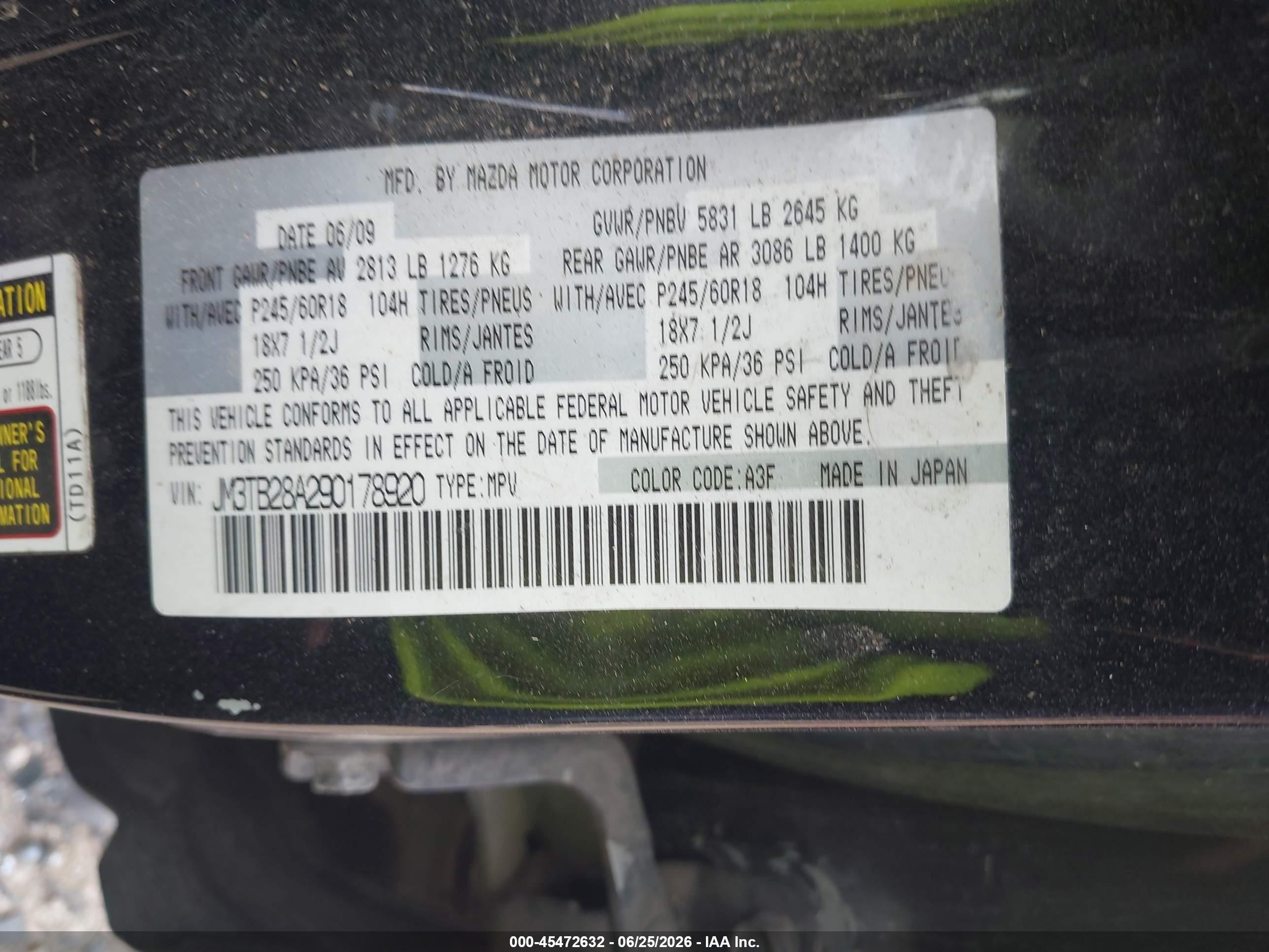 2009 Mazda Cx-9 Sport Black vin: JM3TB28A290178920