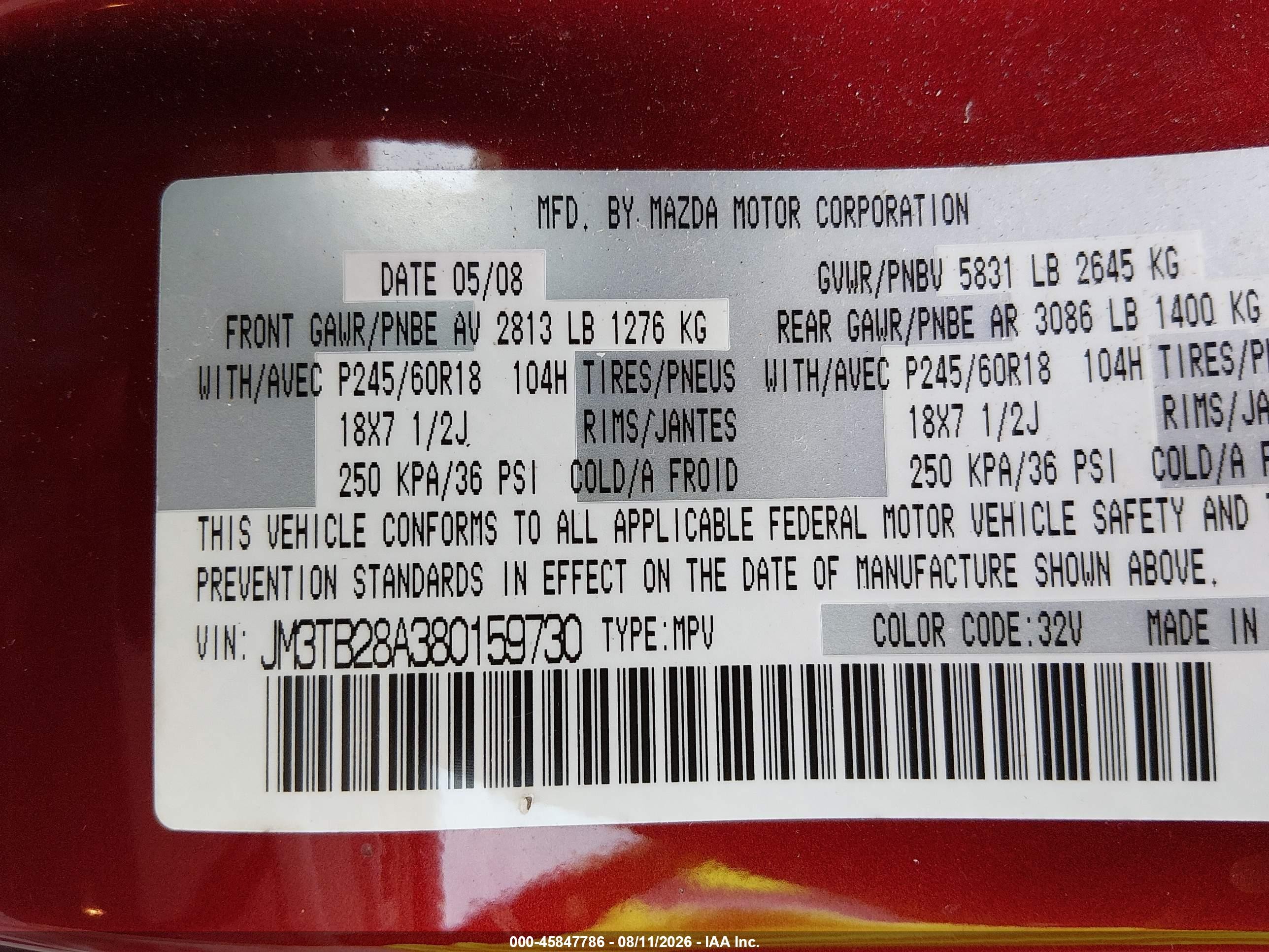 2008 Mazda Cx-9 Touring Красный vin: JM3TB28A380159730