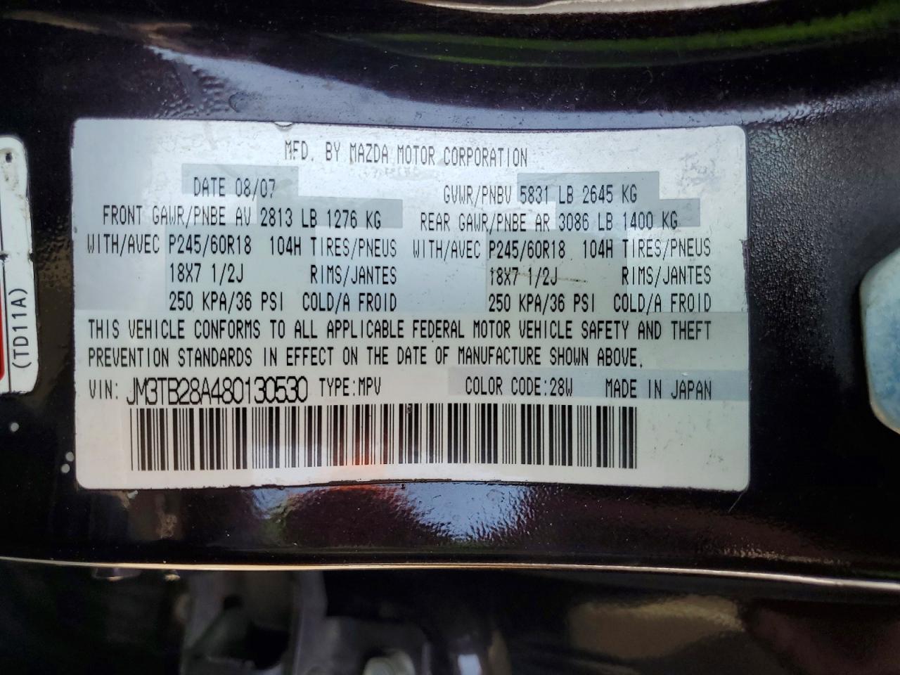 2008 Mazda Cx-9 Burgundy vin: JM3TB28A480130530