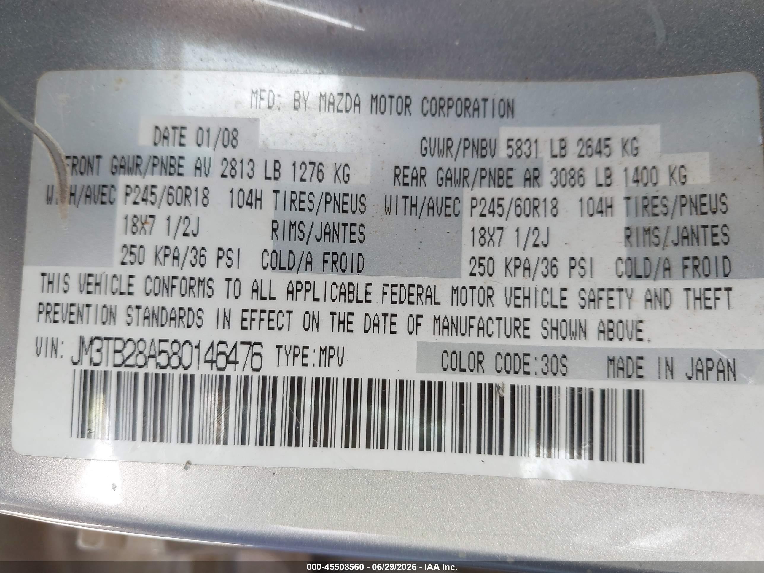 2008 Mazda Cx-9 Sport Silver vin: JM3TB28A580146476