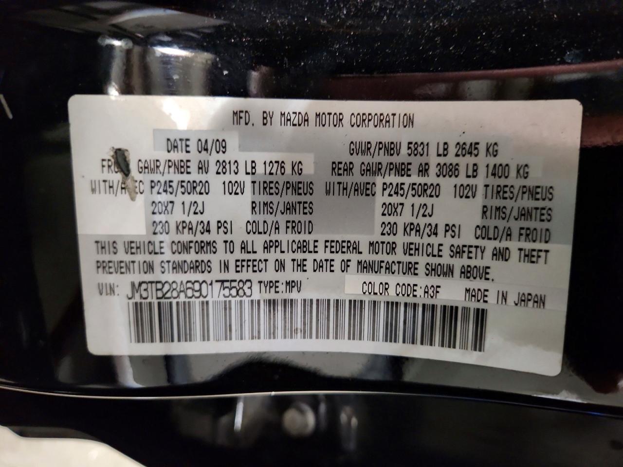 2009 Mazda Cx-9 Black vin: JM3TB28A690175583