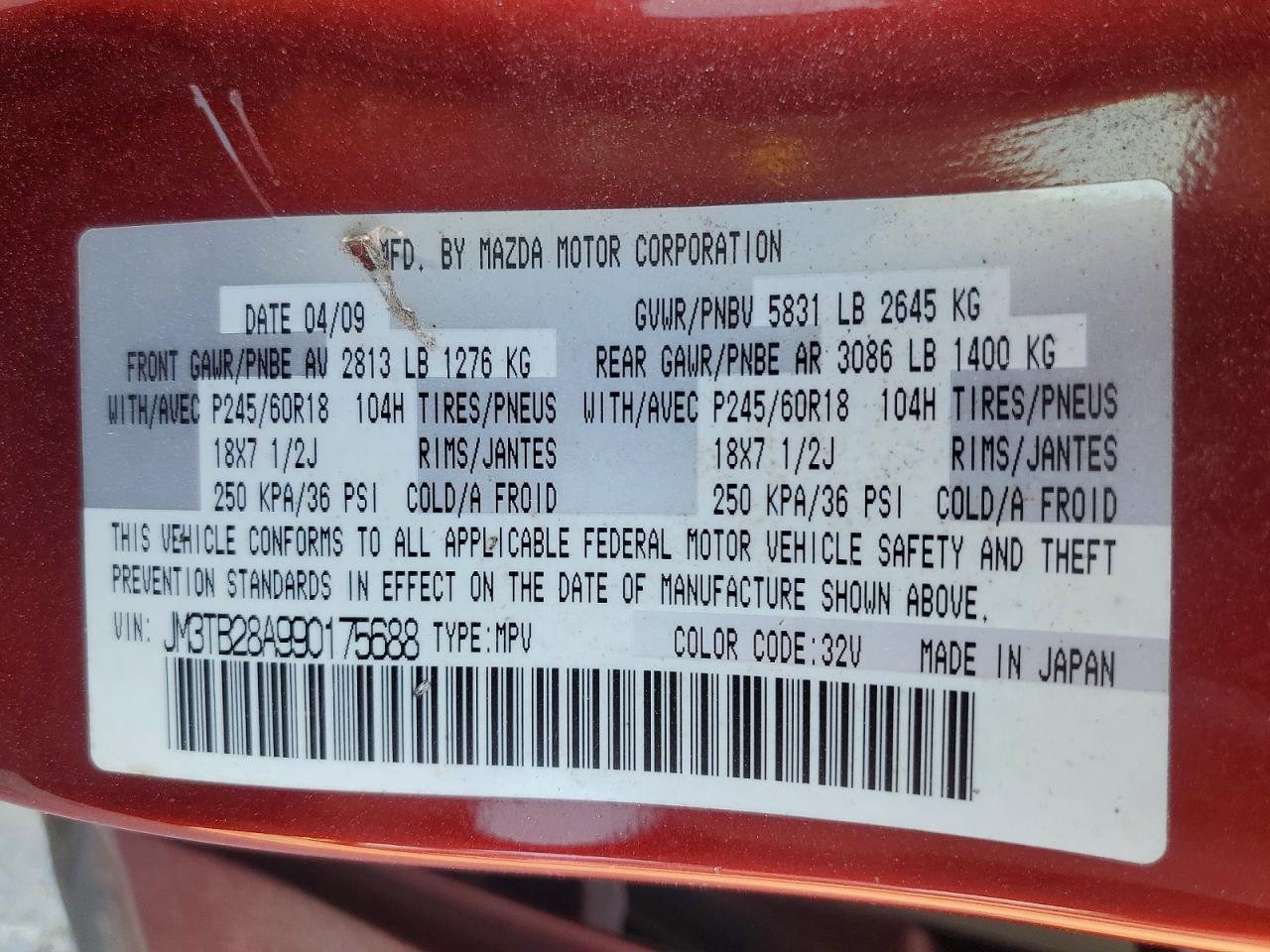 2009 Mazda Cx-9 Red vin: JM3TB28A990175688
