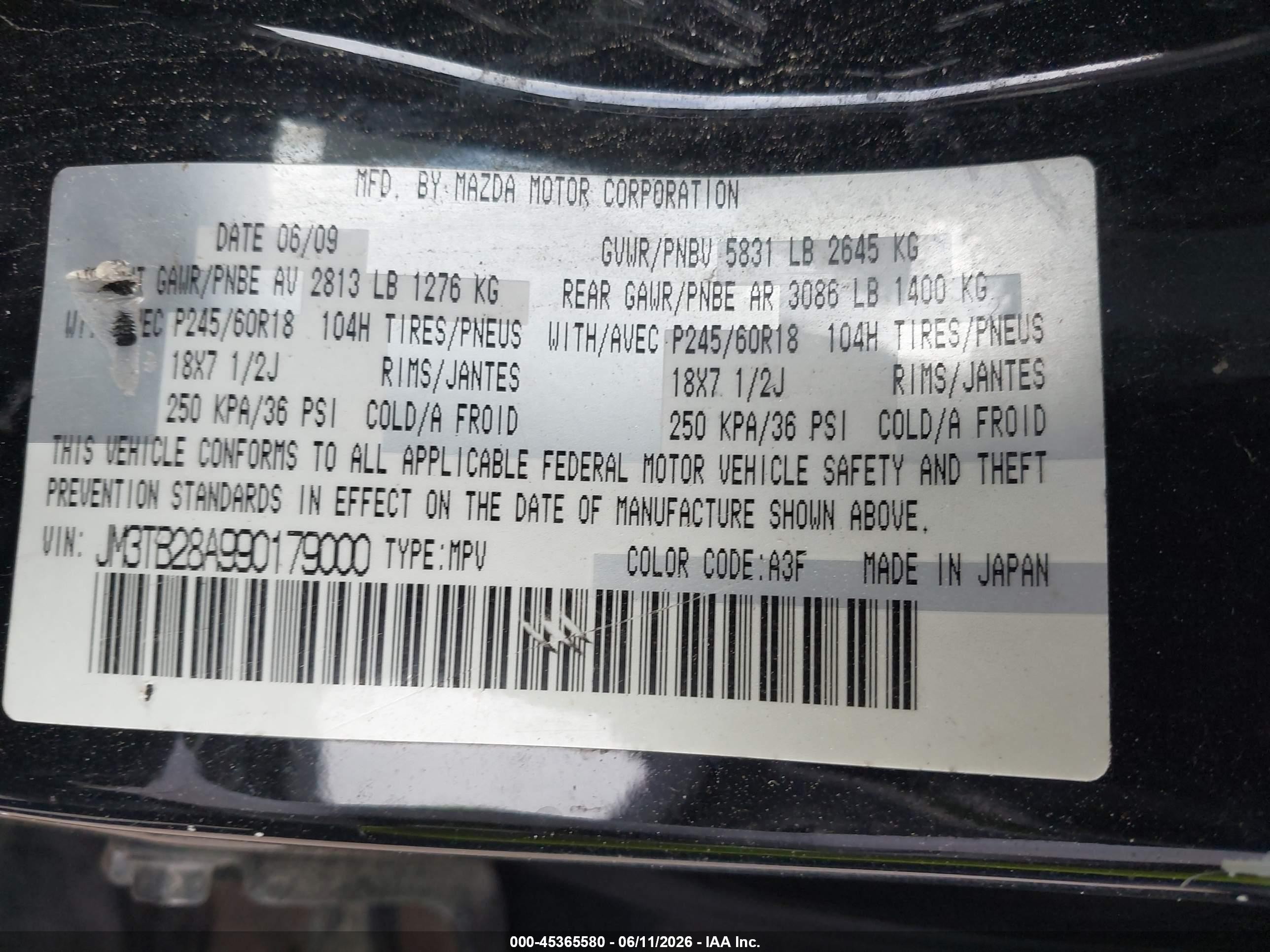 2009 Mazda Cx-9 Sport Black vin: JM3TB28A990179000