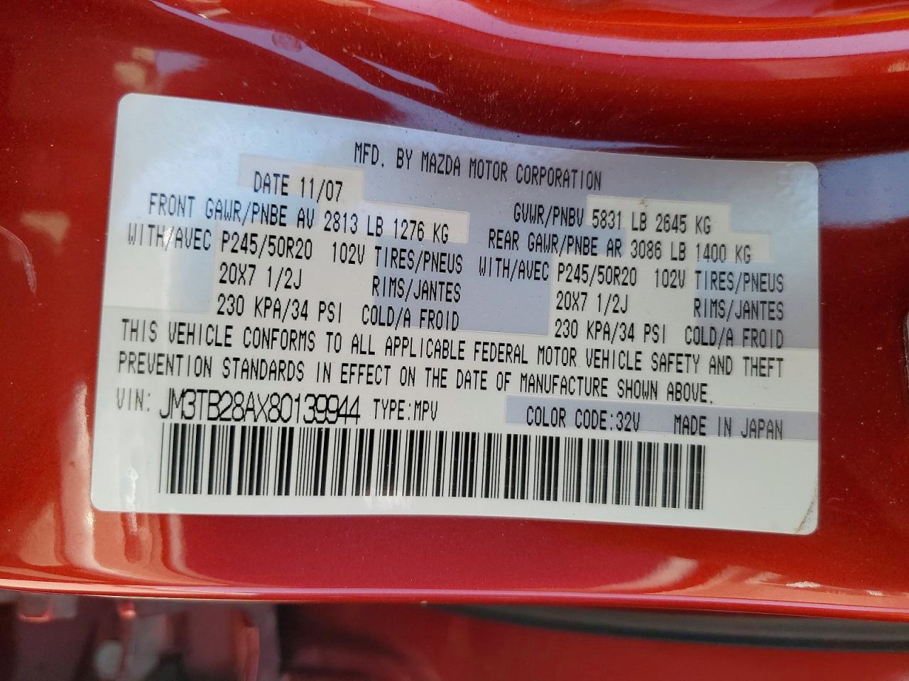 2008 Mazda Cx-9 Red vin: JM3TB28AX80139944