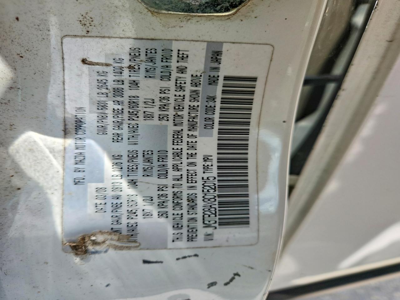 2008 Mazda Cx-9 White vin: JM3TB28AX80152015