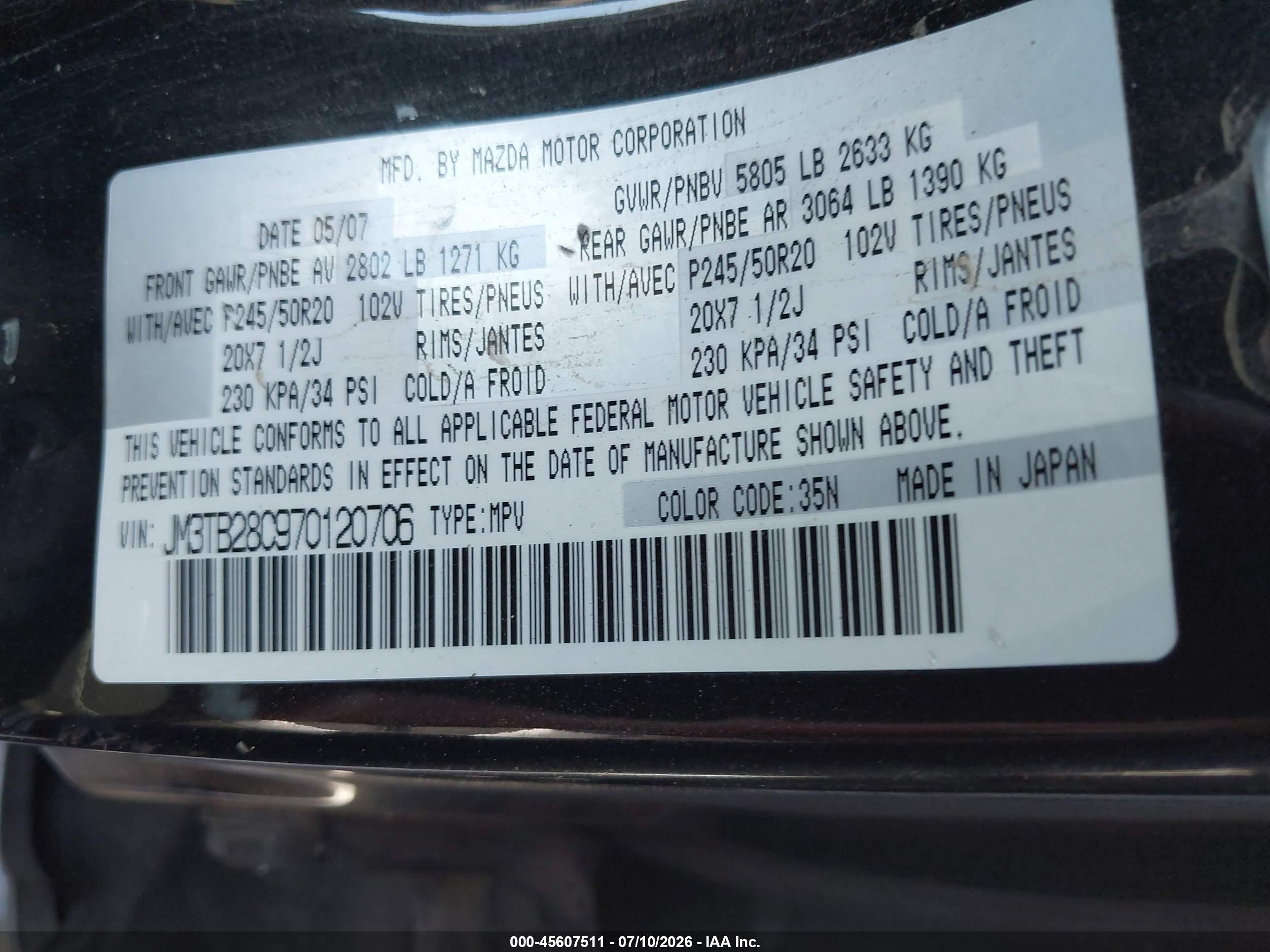 2007 Mazda Cx-9 Grand Touring Black vin: JM3TB28C970120706