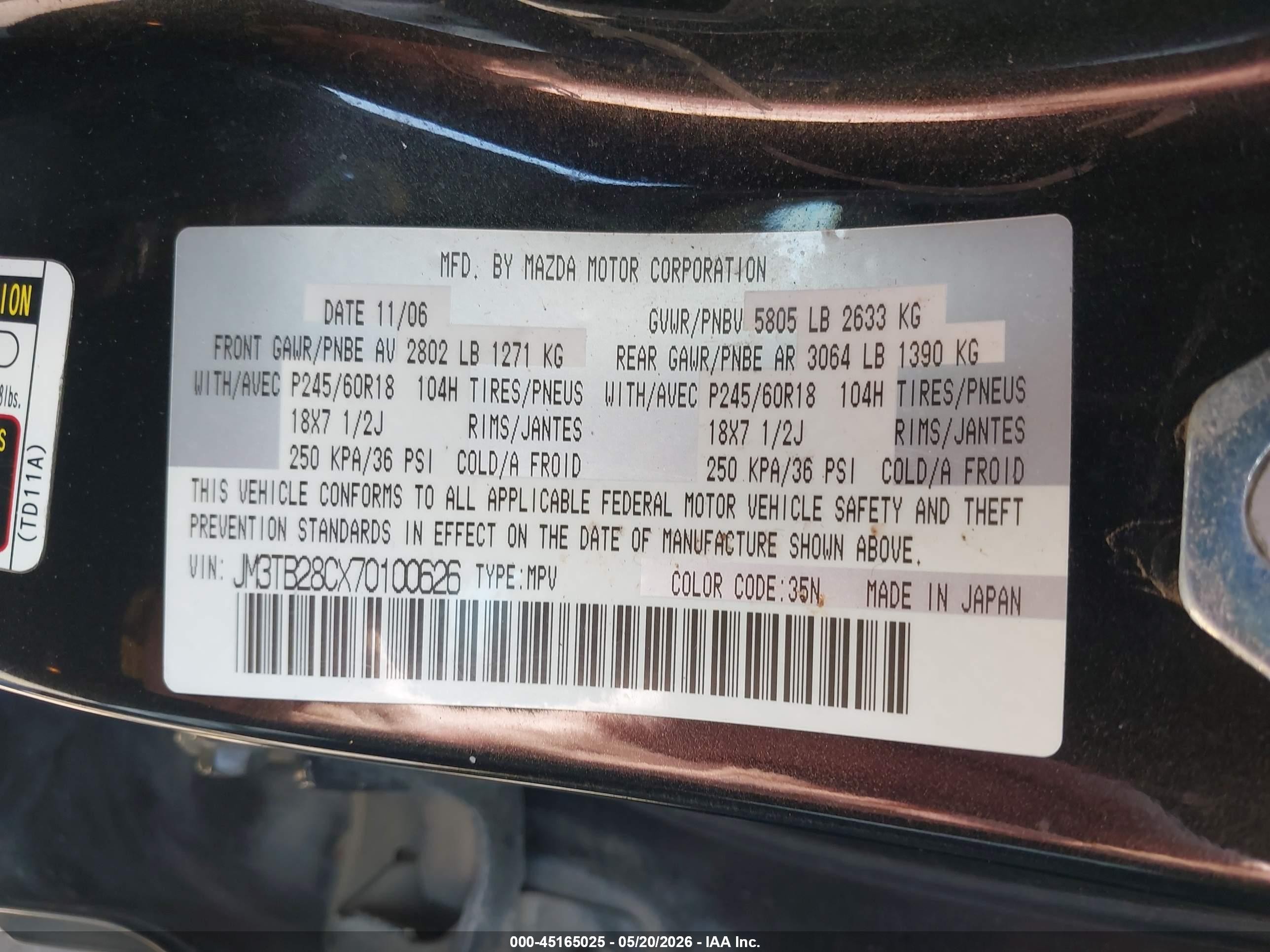 2007 Mazda Cx-9 Touring Gray vin: JM3TB28CX70100626