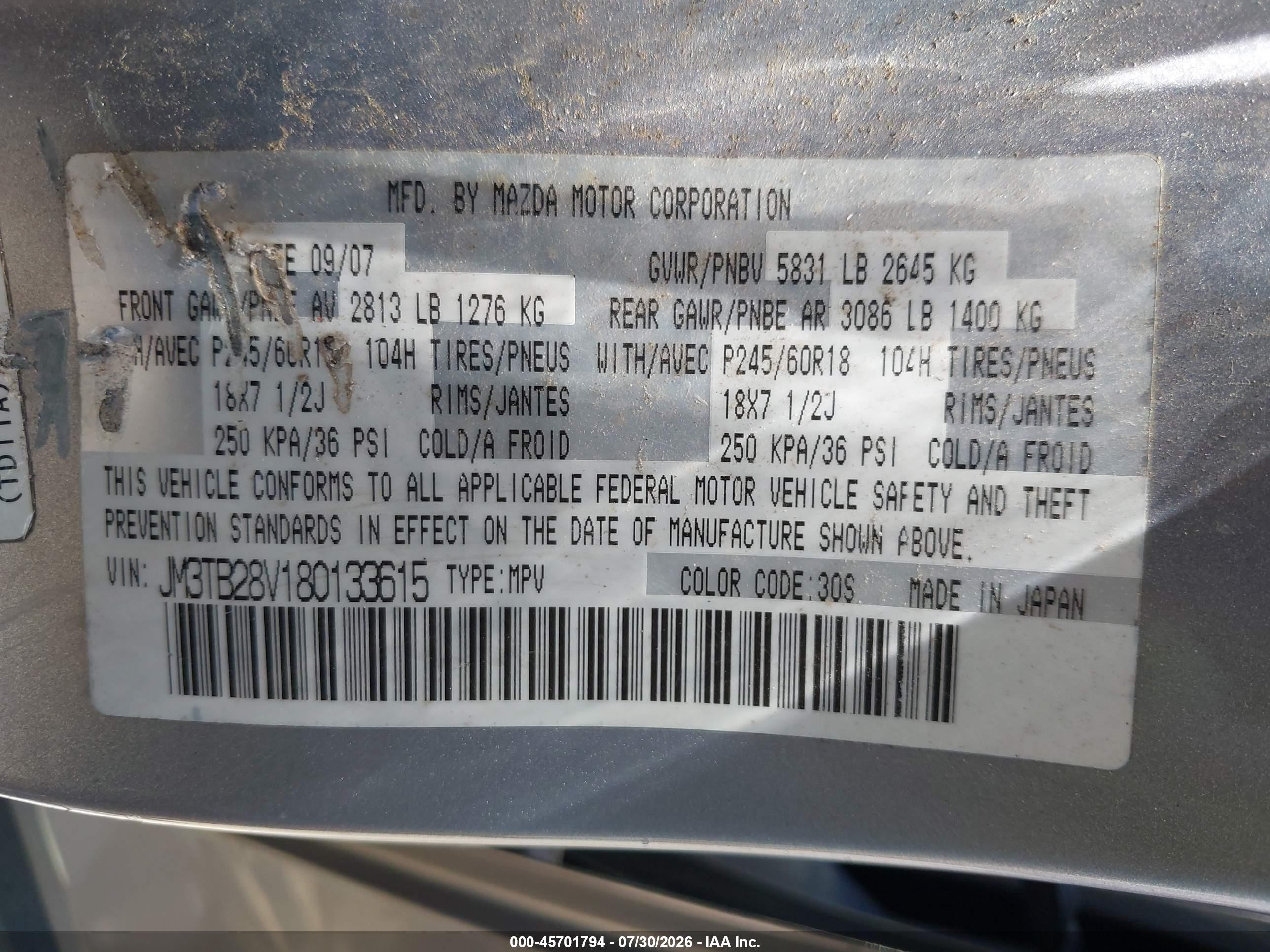 2008 Mazda Cx-9 Touring Silver vin: JM3TB28V180133615