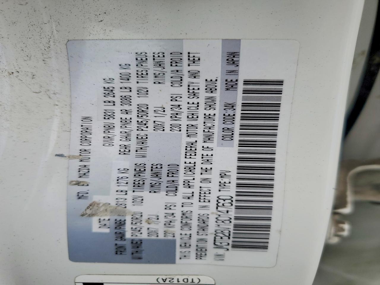 2008 Mazda Cx-9 White vin: JM3TB28V180147630