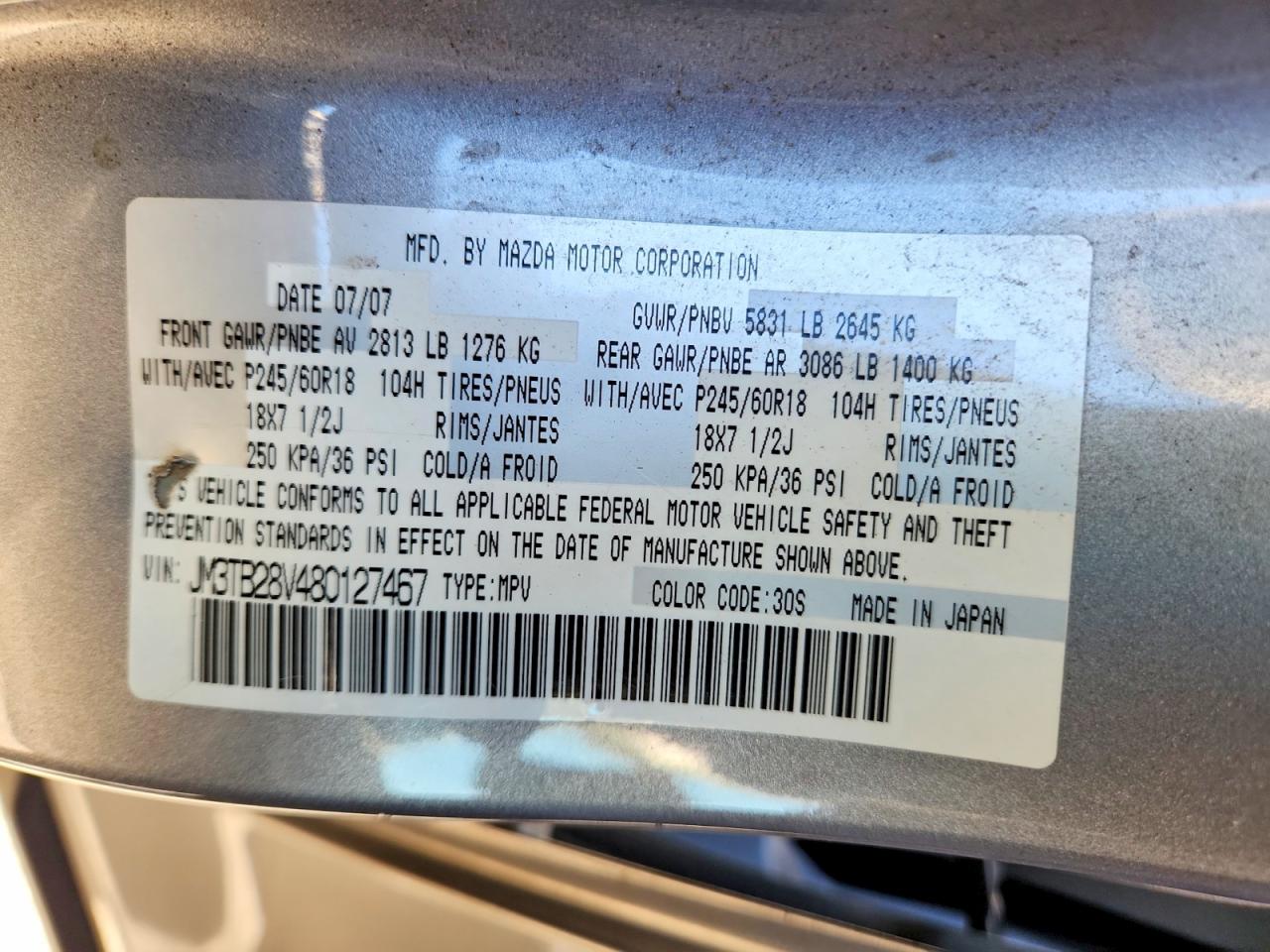 2008 Mazda Cx-9 Silver vin: JM3TB28V480127467