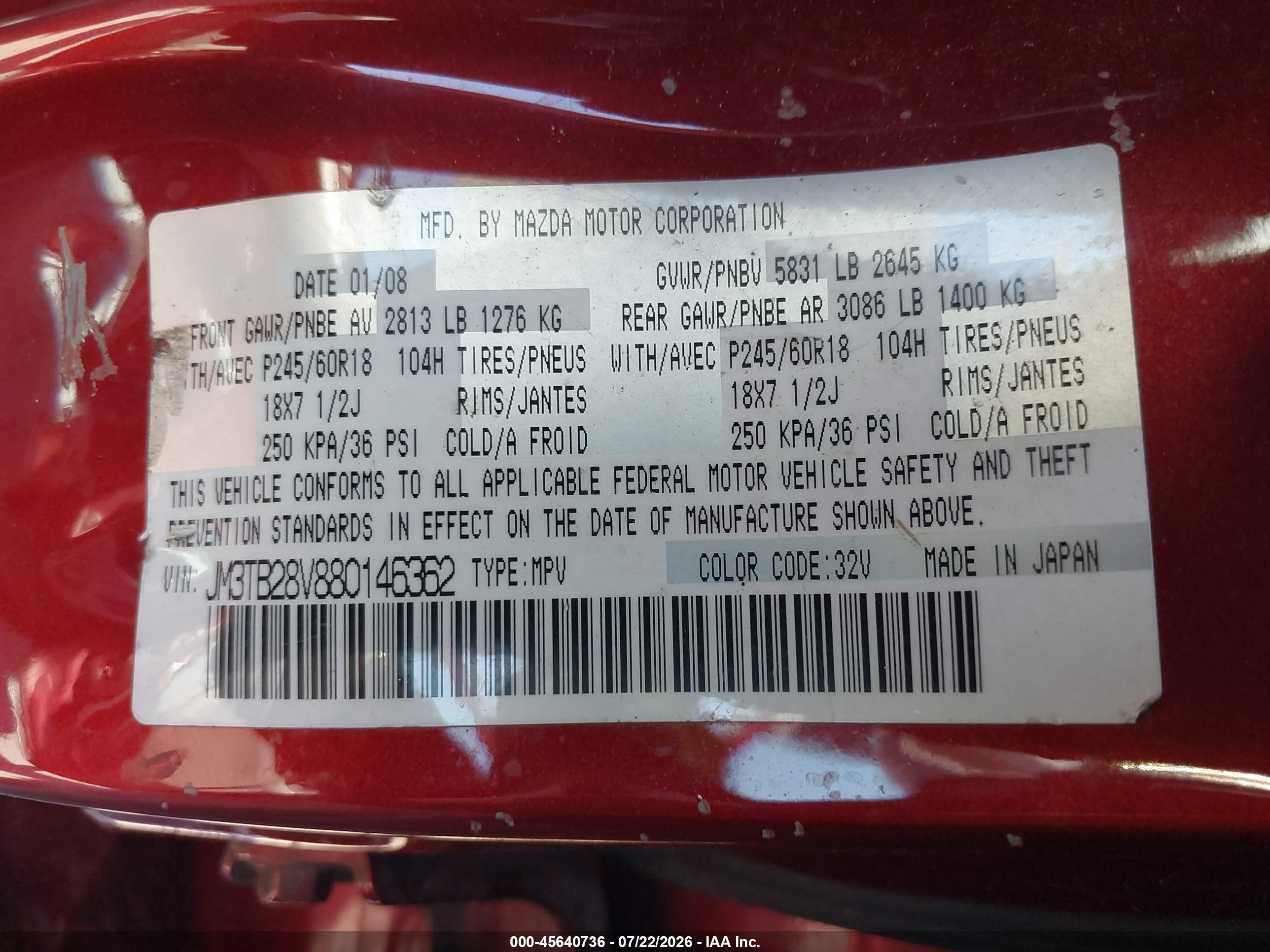 2008 Mazda Cx-9 Touring Red vin: JM3TB28V880146362