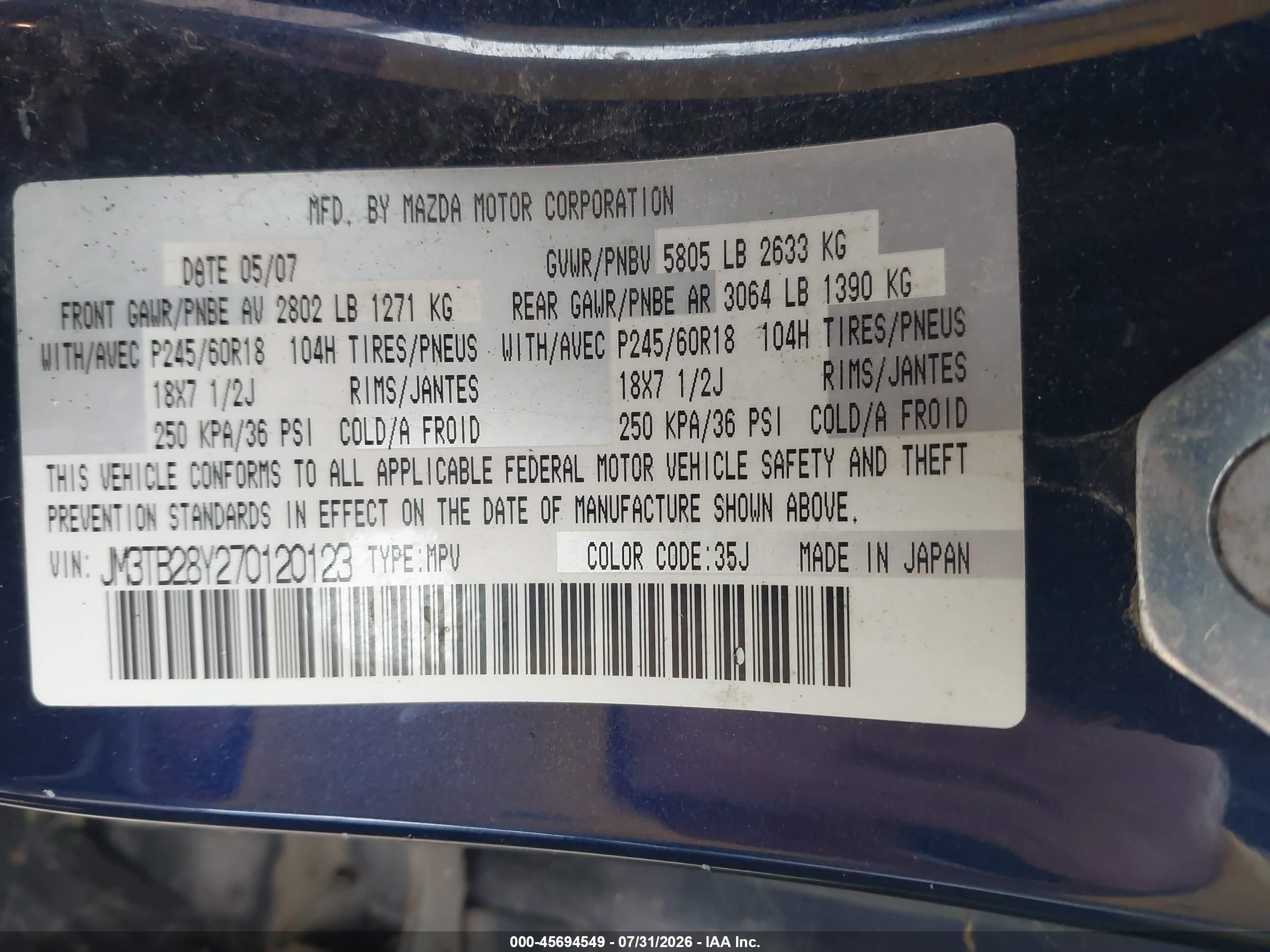 2007 Mazda Cx-9 Touring Blue vin: JM3TB28Y270120123
