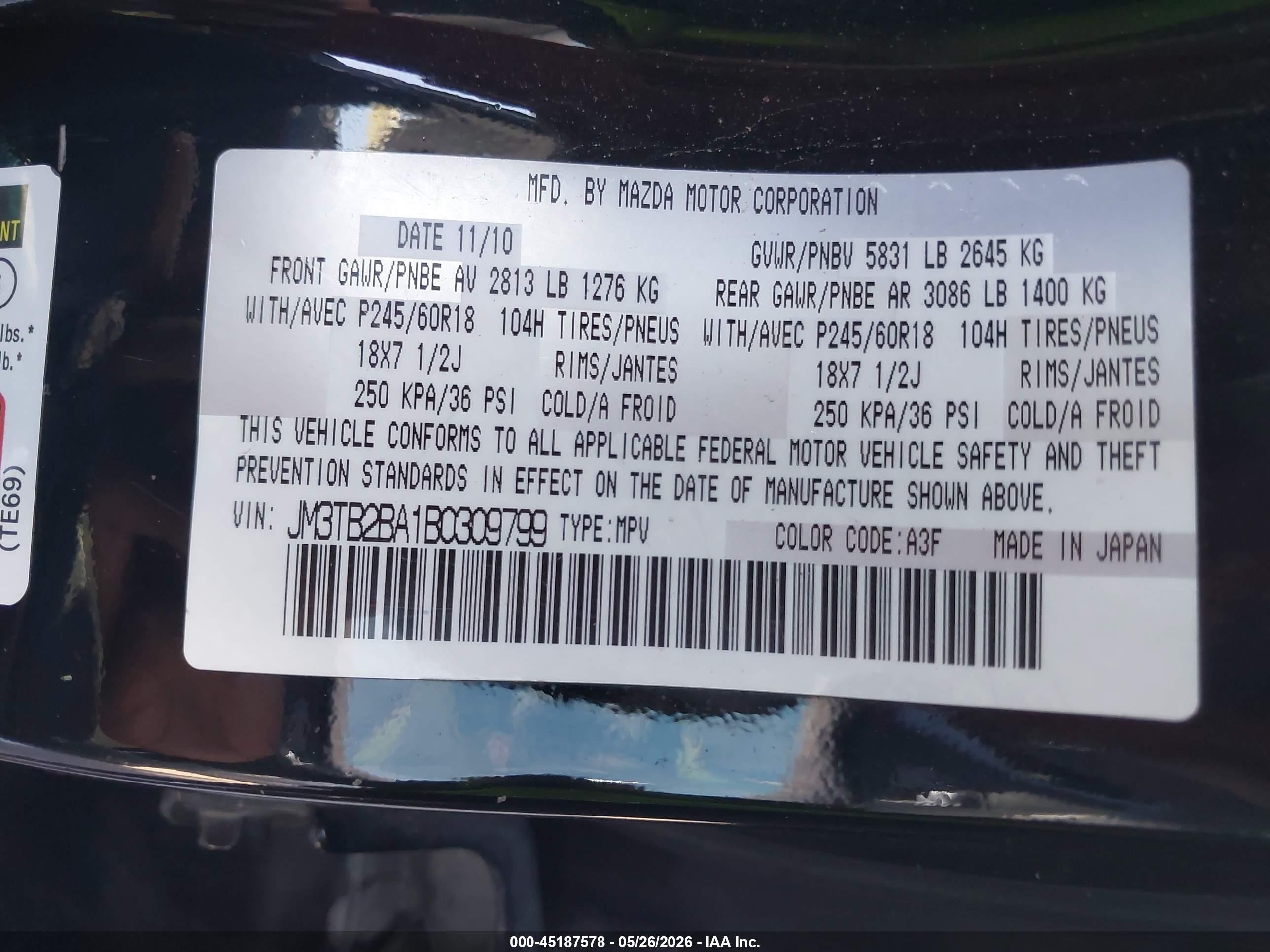 2011 Mazda Cx-9 Sport Black vin: JM3TB2BA1B0309799