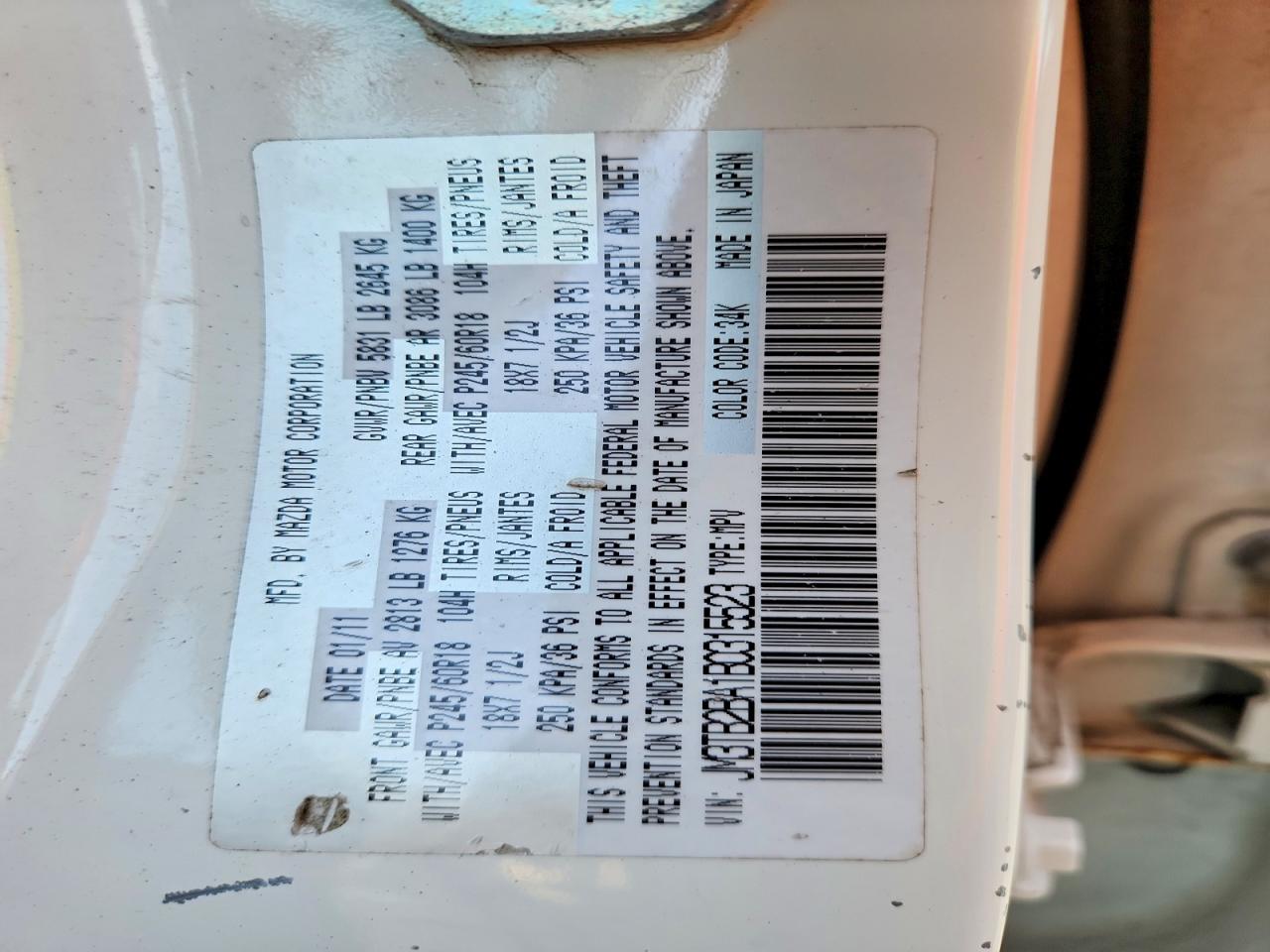 2011 Mazda Cx-9 White vin: JM3TB2BA1B0315523