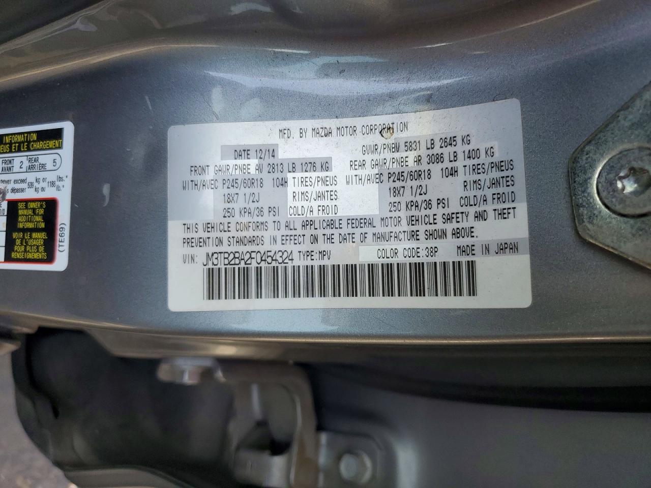 2015 Mazda Cx-9 Sport Silver vin: JM3TB2BA2F0454324