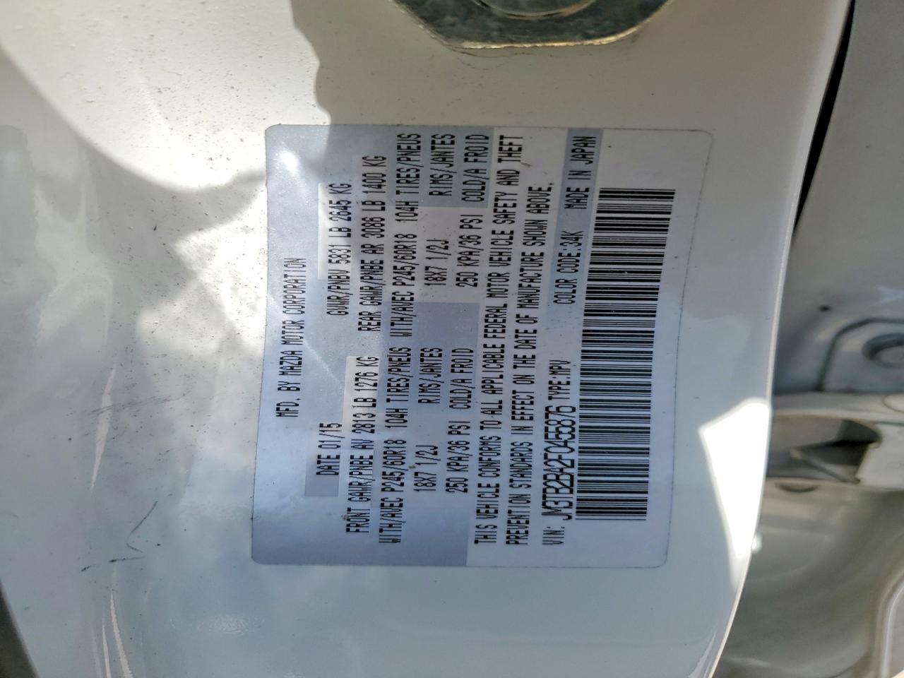 2015 Mazda Cx-9 White vin: JM3TB2BA2F0455876