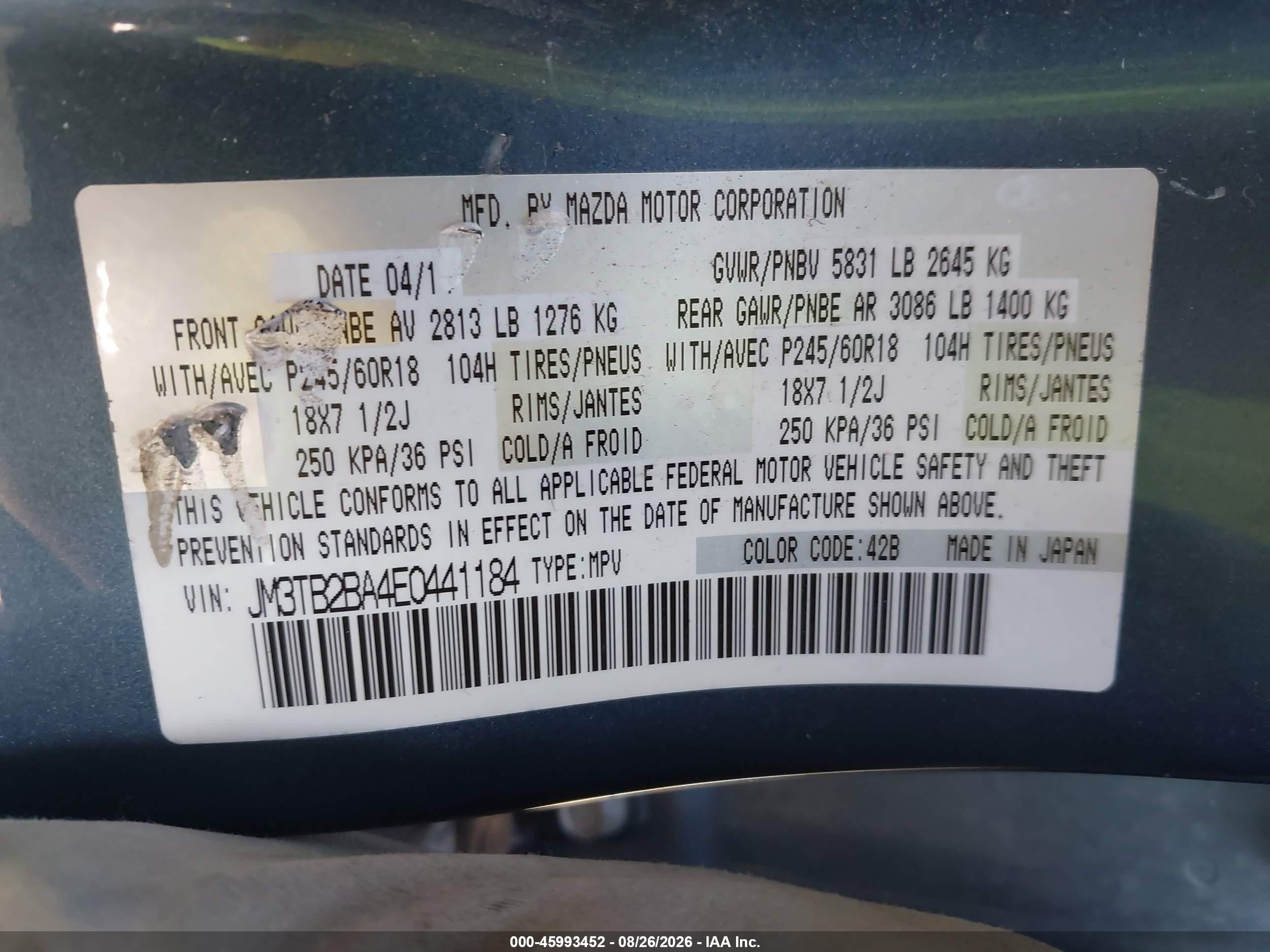2014 Mazda Cx-9 Sport Blue vin: JM3TB2BA4E0441184