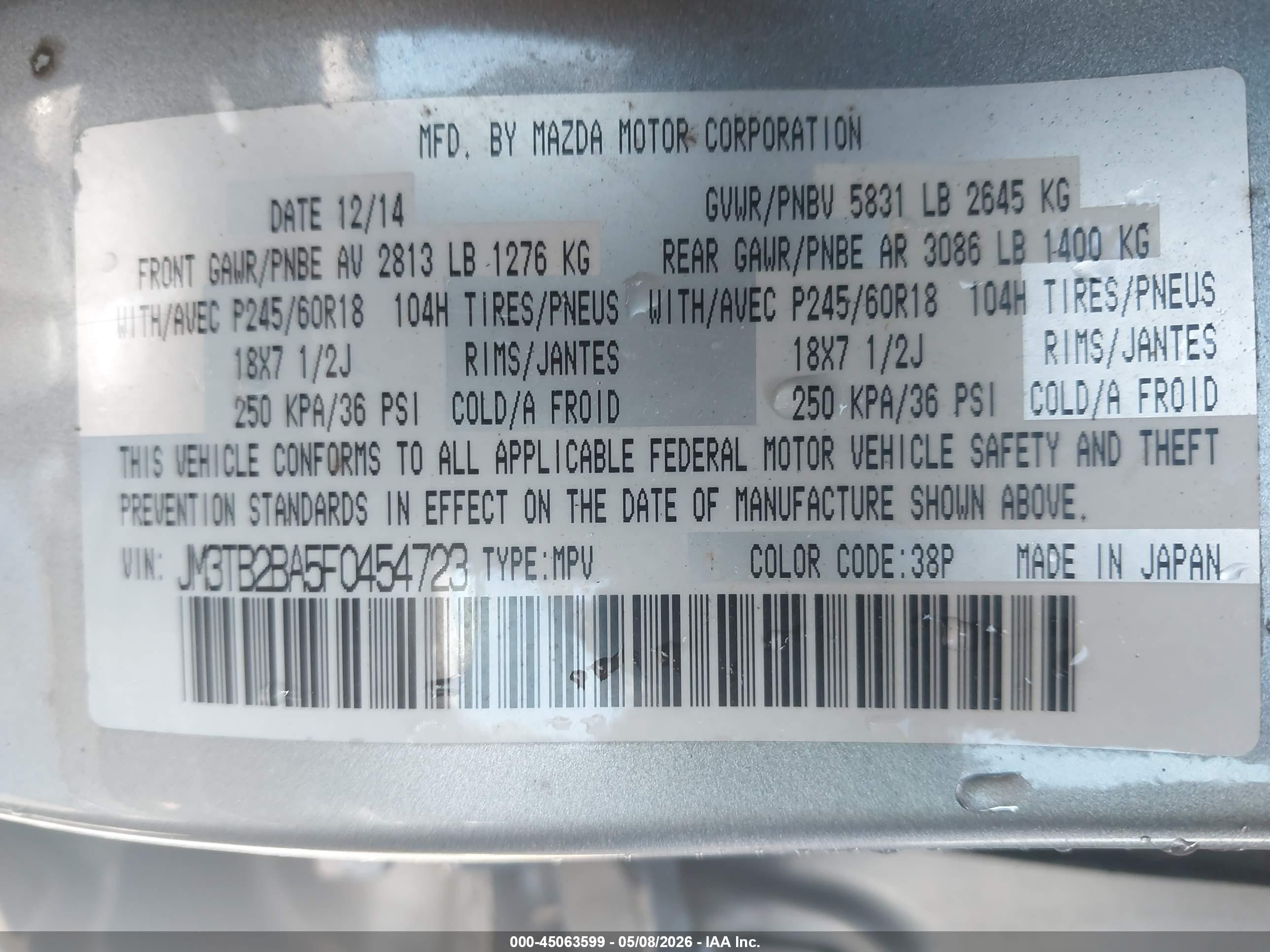 2015 Mazda Cx-9 Sport Gray vin: JM3TB2BA5F0454723