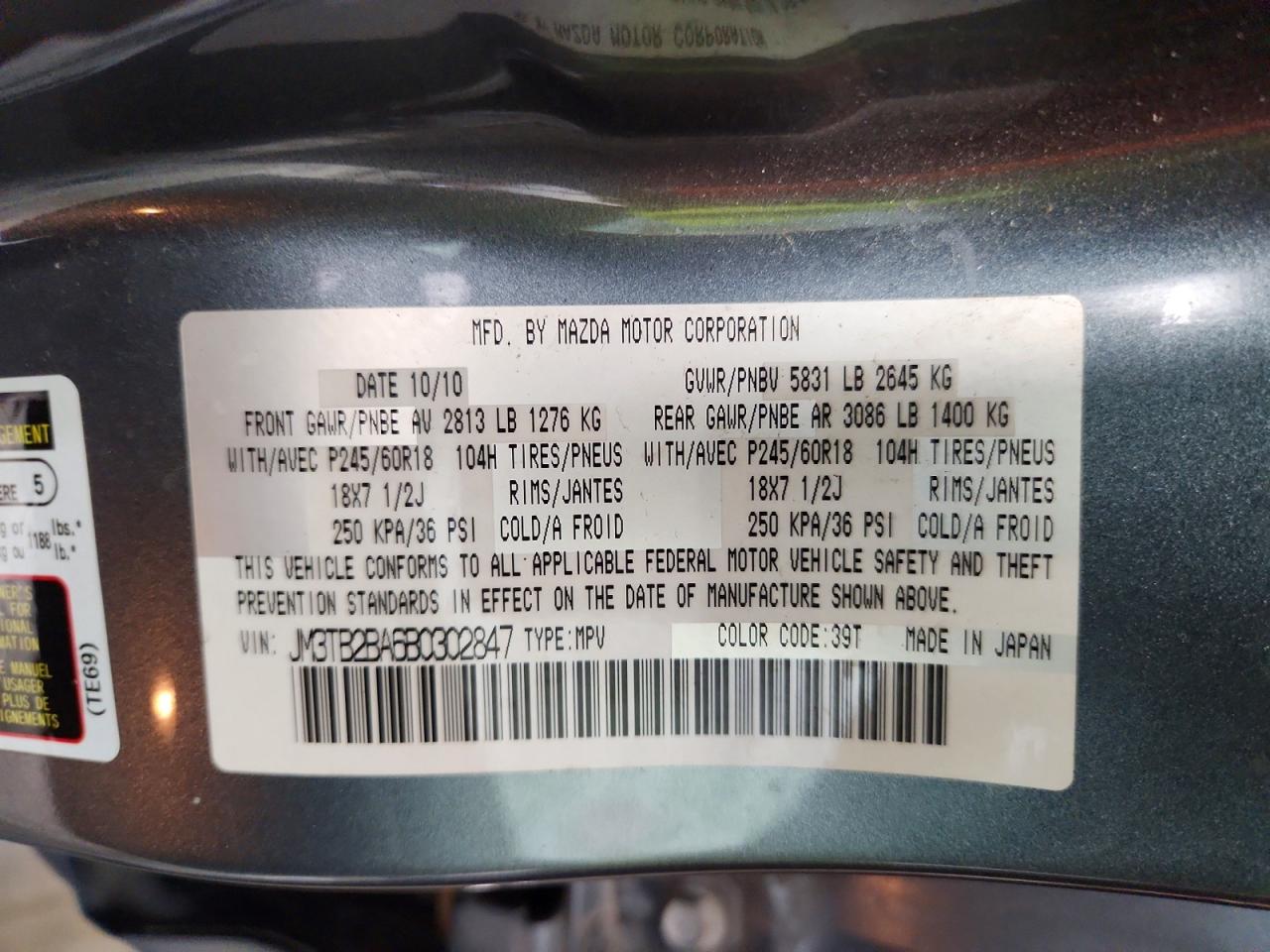 2011 Mazda Cx-9 Blue vin: JM3TB2BA6B0302847