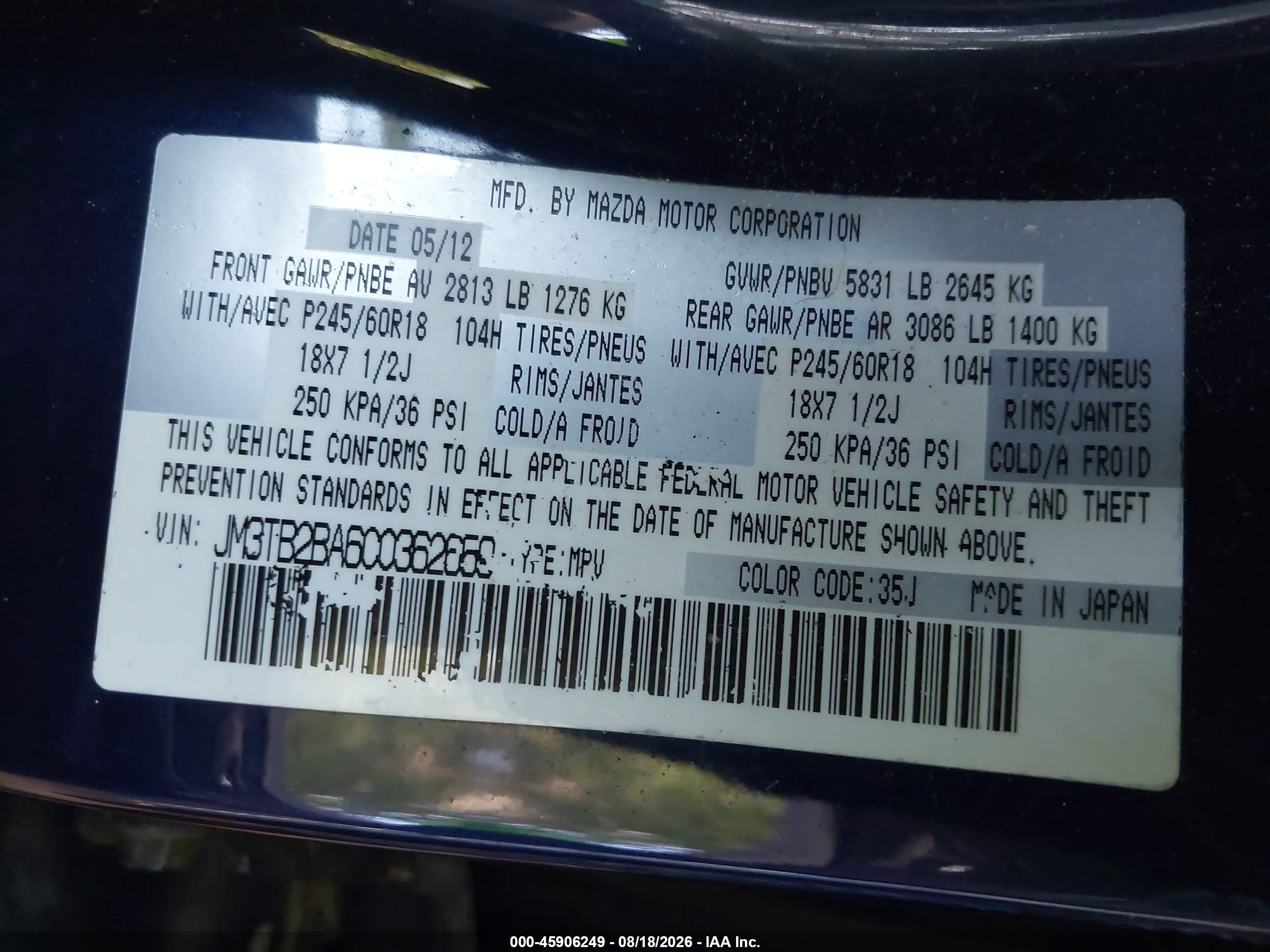2012 Mazda Cx-9 Sport Dark Blue vin: JM3TB2BA6C0362659