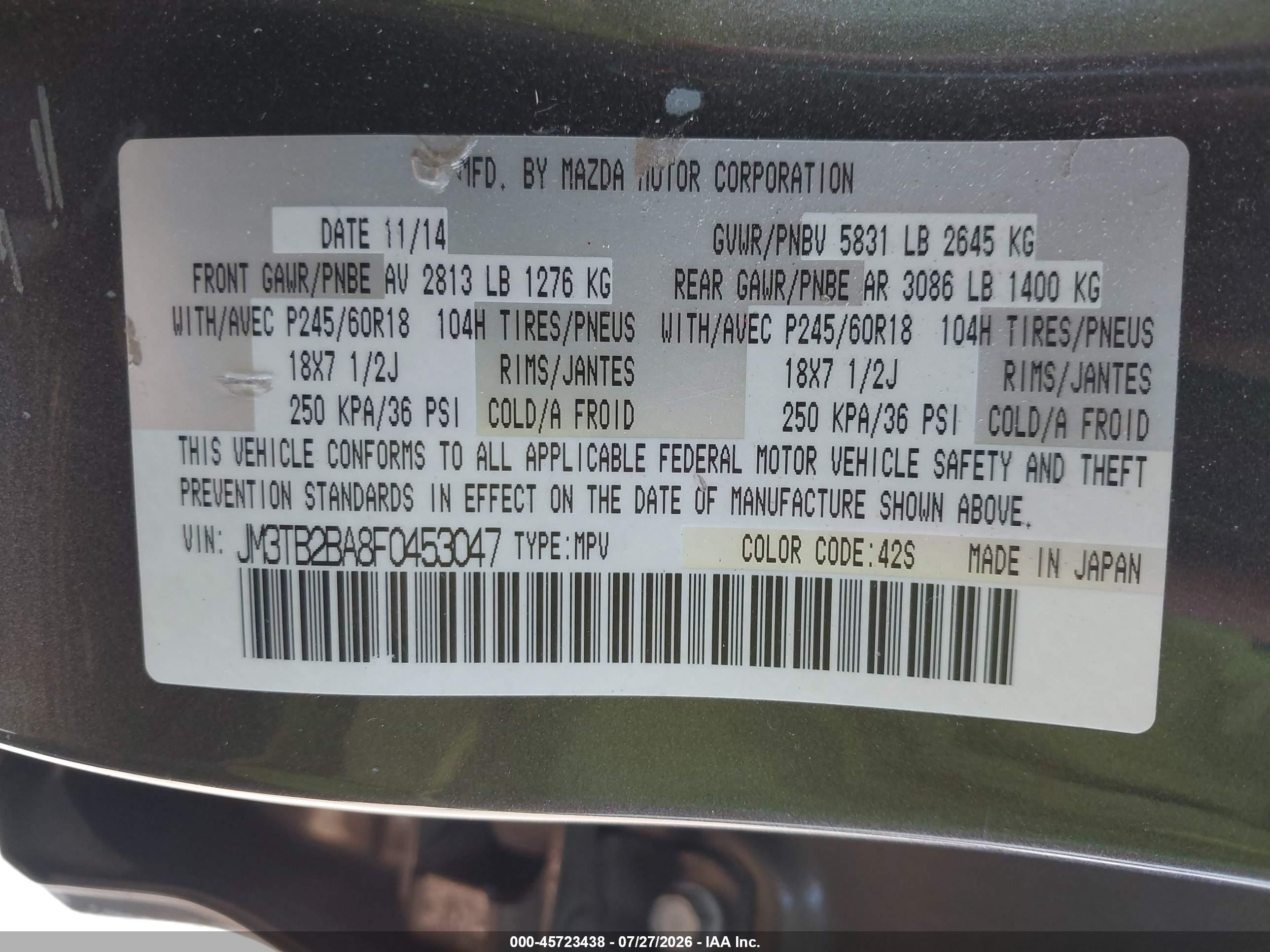 2015 Mazda Cx-9 Sport Gray vin: JM3TB2BA8F0453047