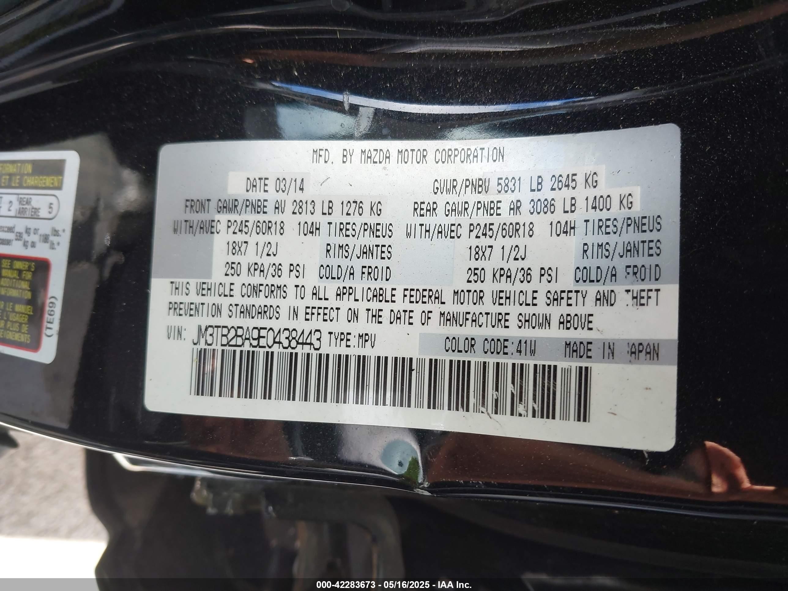 2014 Mazda Cx-9 Sport Черный vin: JM3TB2BA9E0438443